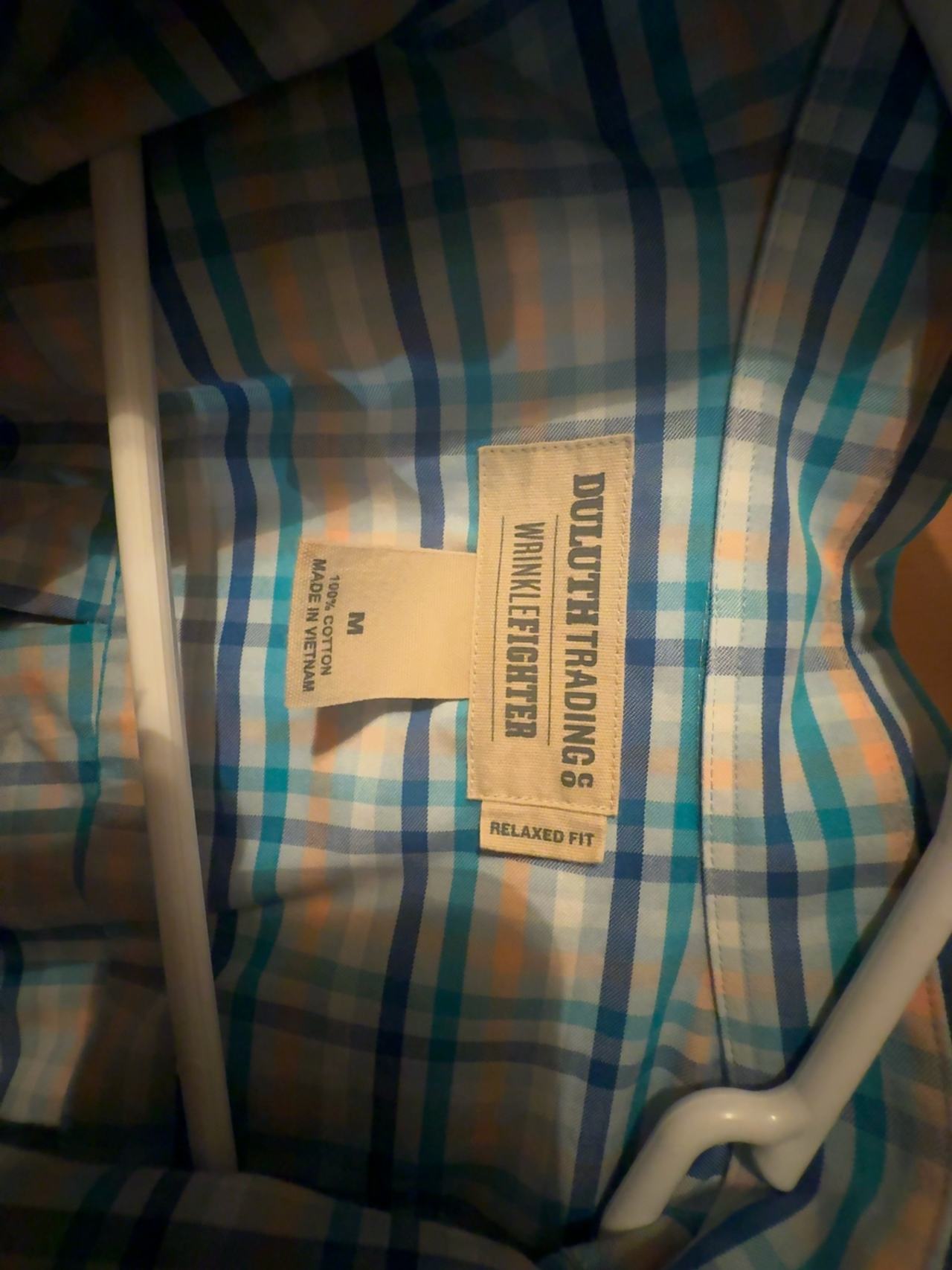 Duluth Trading Men's Wrinklefighter Plaid Shirt Blue/Orange