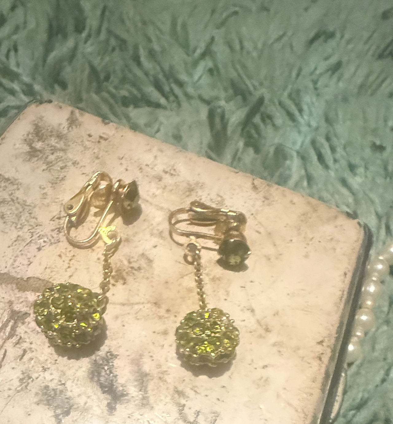 Green Rhinestone Pave Ball Clip-On Dangle Earrings
