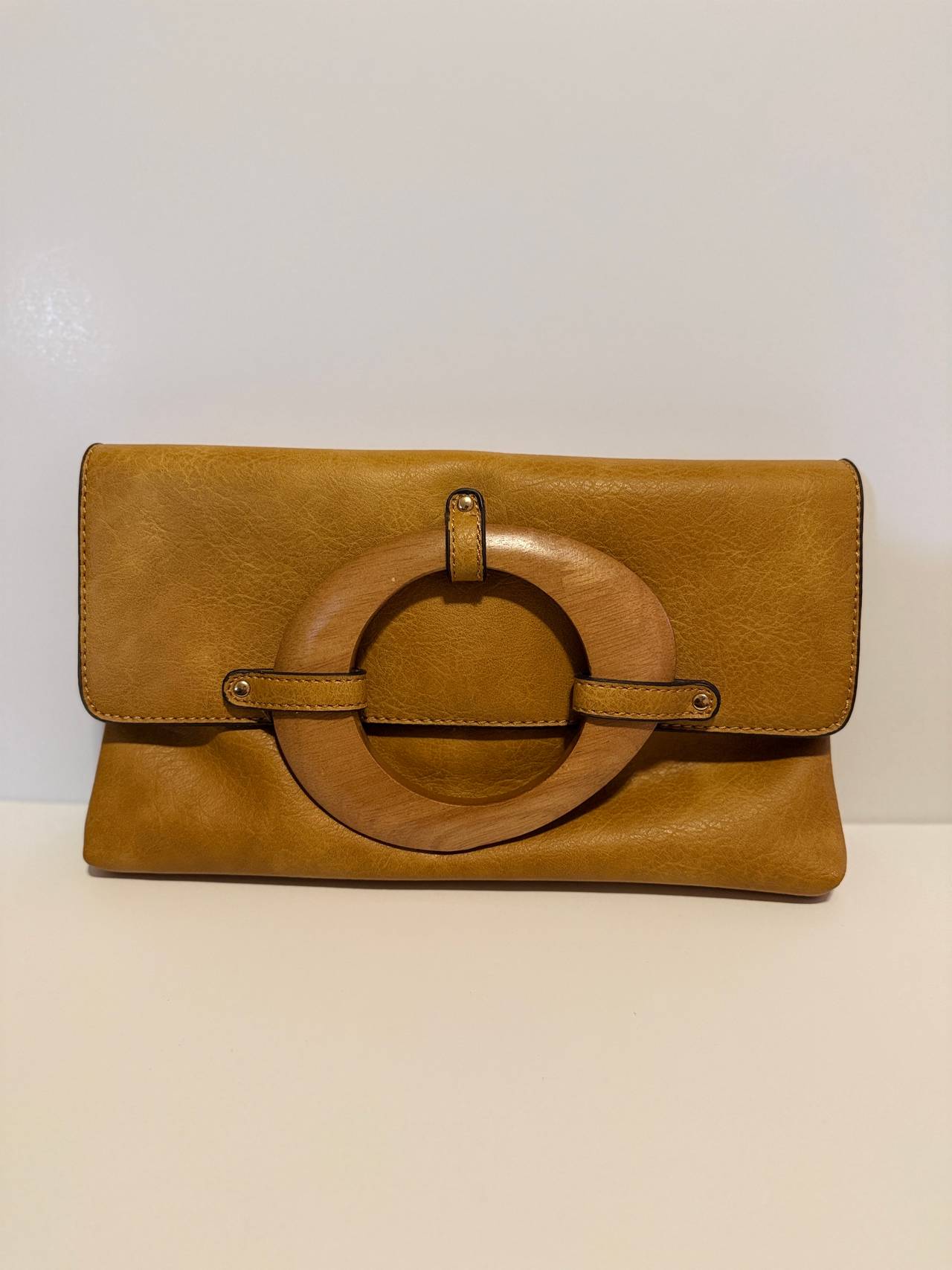 Mustard Yellow Faux Leather Clutch with Wooden Ring Accent