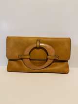 Mustard Yellow Faux Leather Clutch with Wooden Ring Accent - Image 1