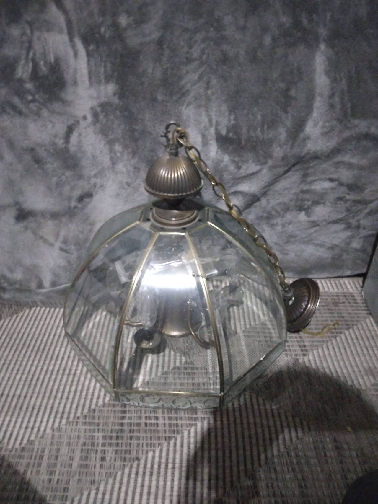 Vintage Brass and Beveled Glass 3-Light Hanging Chandelier