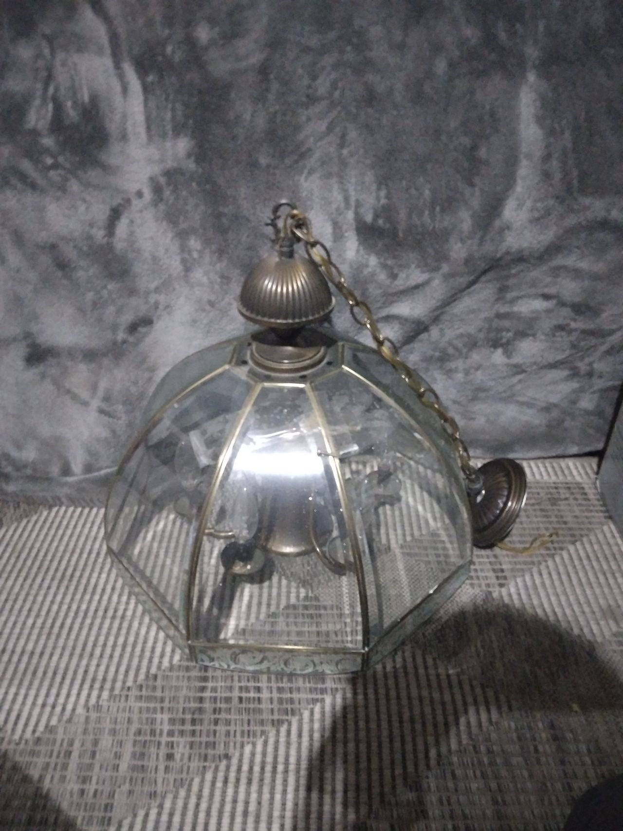Vintage Brass and Beveled Glass 3-Light Hanging Chandelier