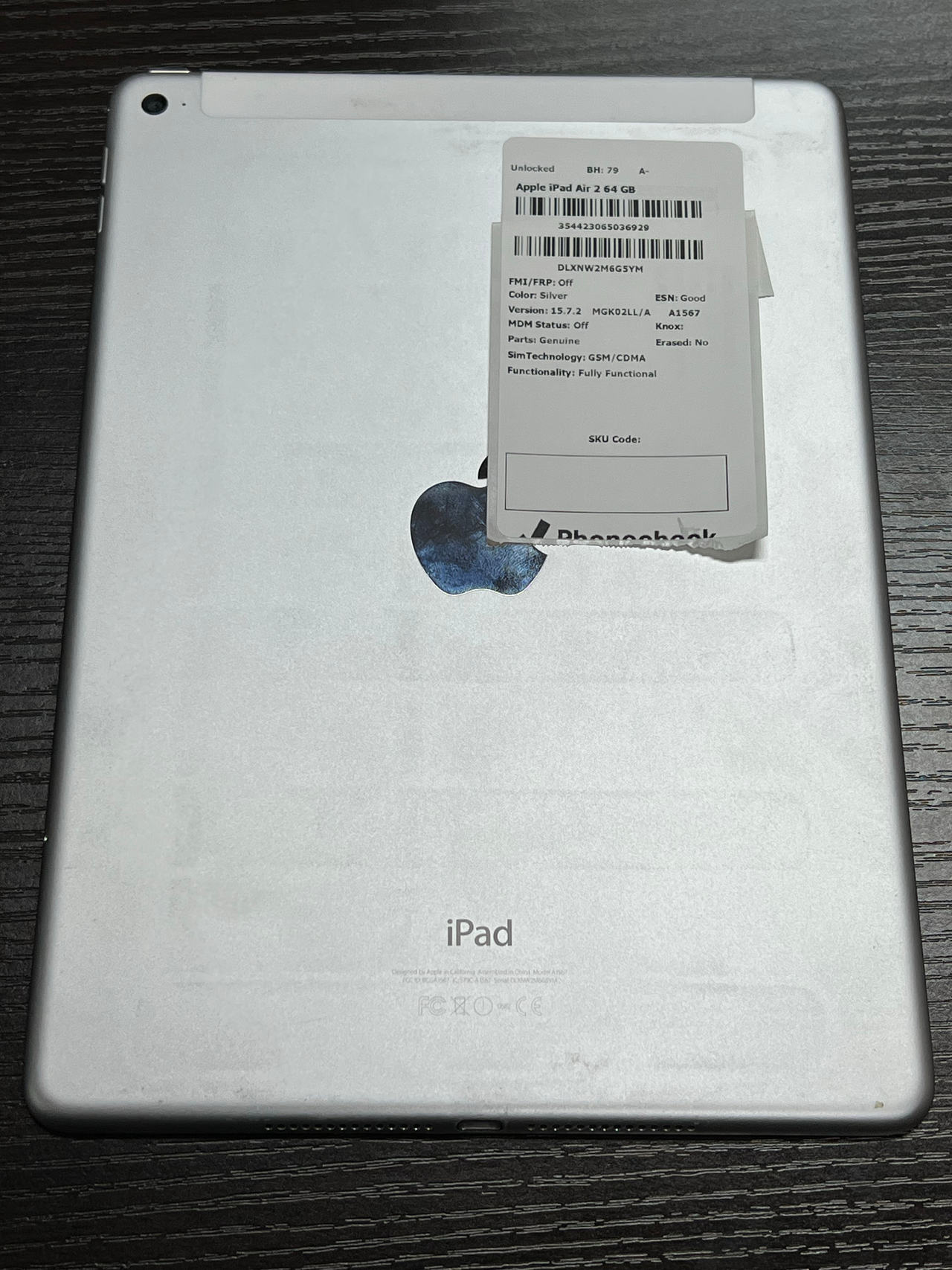 Apple iPad Air 2 64GB Cellular + Wi-Fi Silver unlocked 79% battery health