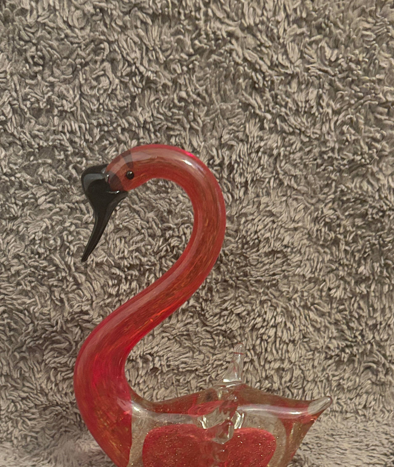 Murano Style Art Glass Flamingo Red Clear Aventurine Gold Fleck Hand Blown Bird