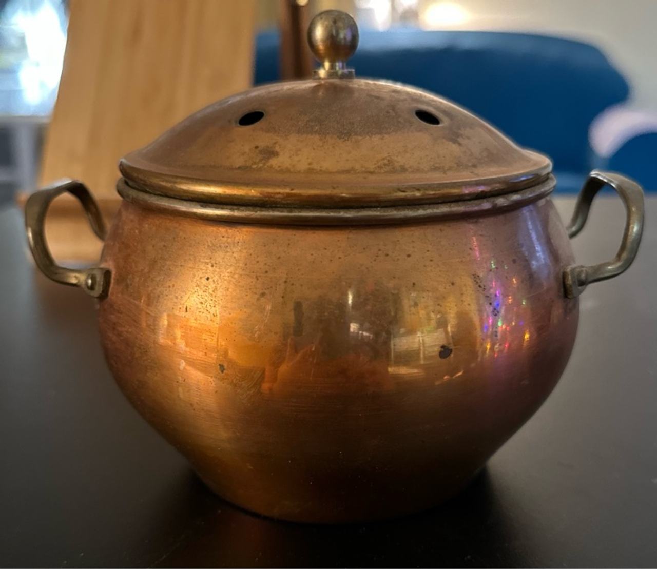 Vintage Copper Potpourri Bowl with Brass Handles