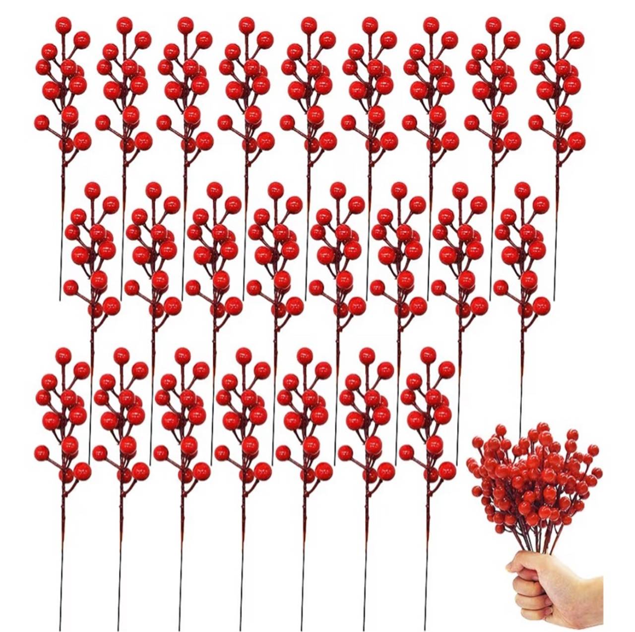 30 Pack Artificial Red Berries, 8.1 Inch Fake Red Berries,Red Berry Stem Picks