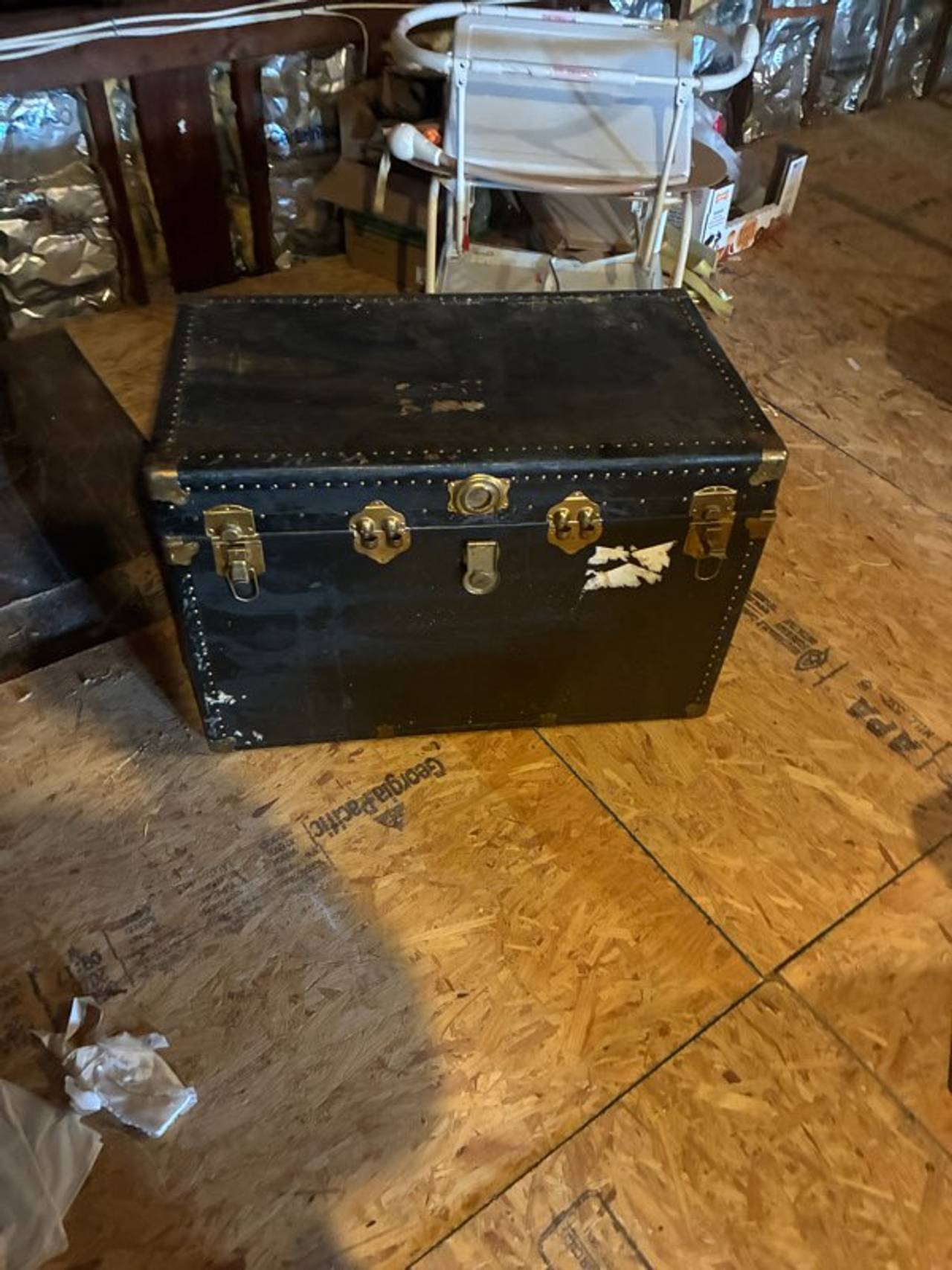Vintage Black Steamer Trunk with Brass Hardware