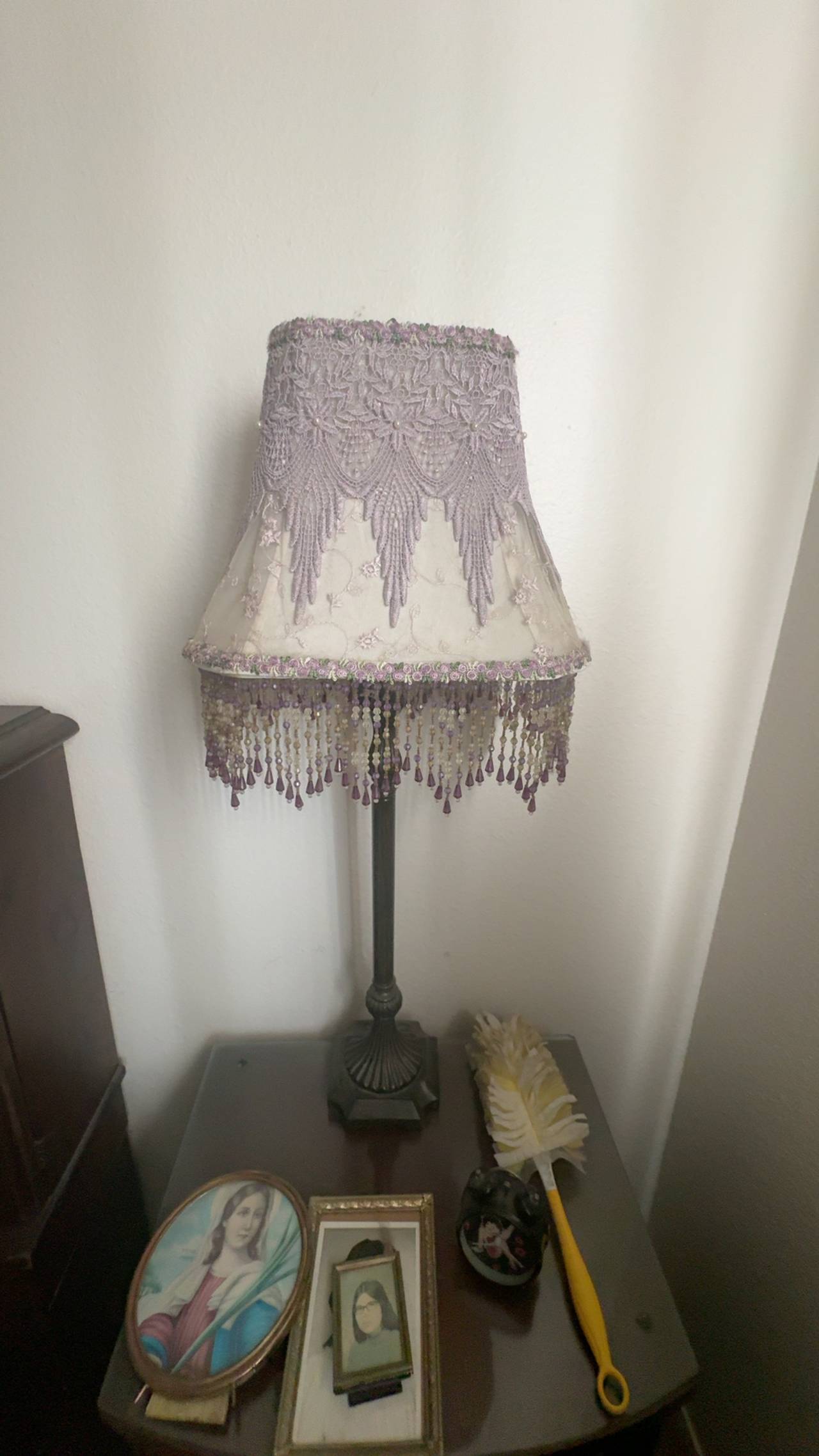 Handmade Victorian Purple Satin Lace Lampshade with Lavender Fringe