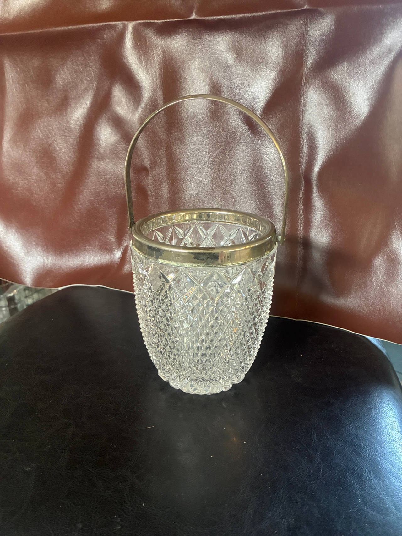 Vintage Crystal Ice Bucket with Silver Rim and Handle