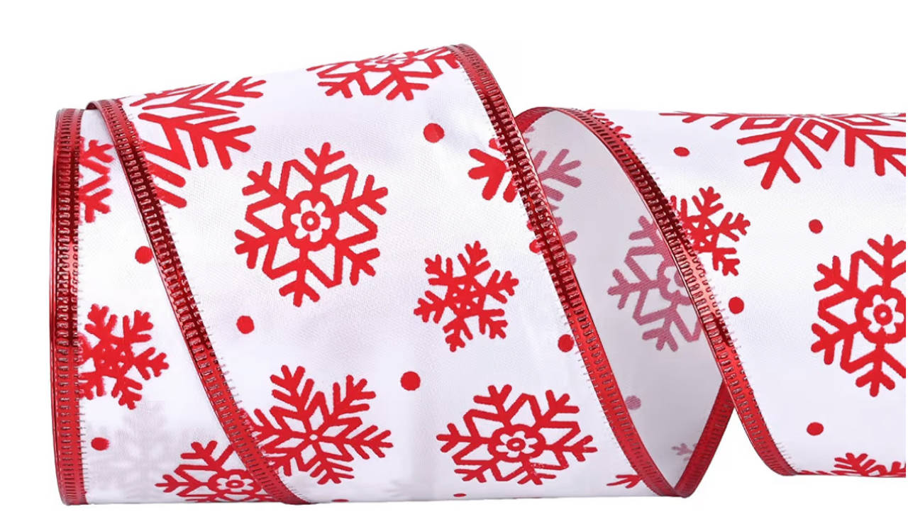 White Satin with Red Snowflake Wired Ribbon 2.5 Inch x 15 Yards 