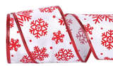 White Satin with Red Snowflake Wired Ribbon 2.5 Inch x 15 Yards  - Image 1