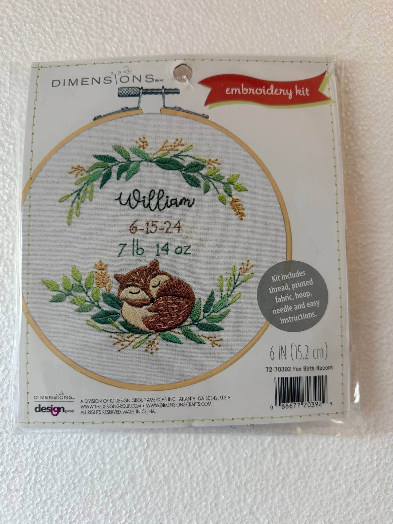 Dimensions Baby Fox Birth Record Embroidery Kit NEW