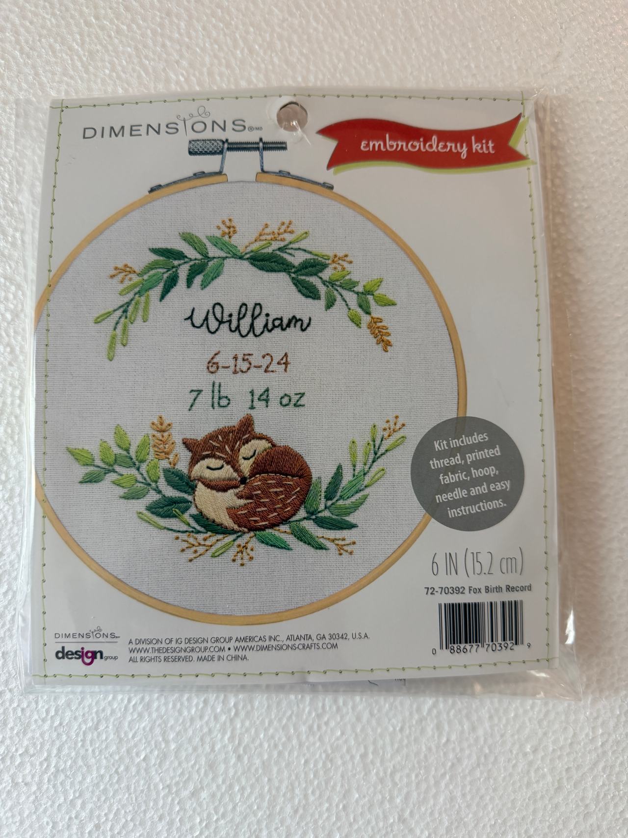 Dimensions Baby Fox Birth Record Embroidery Kit NEW