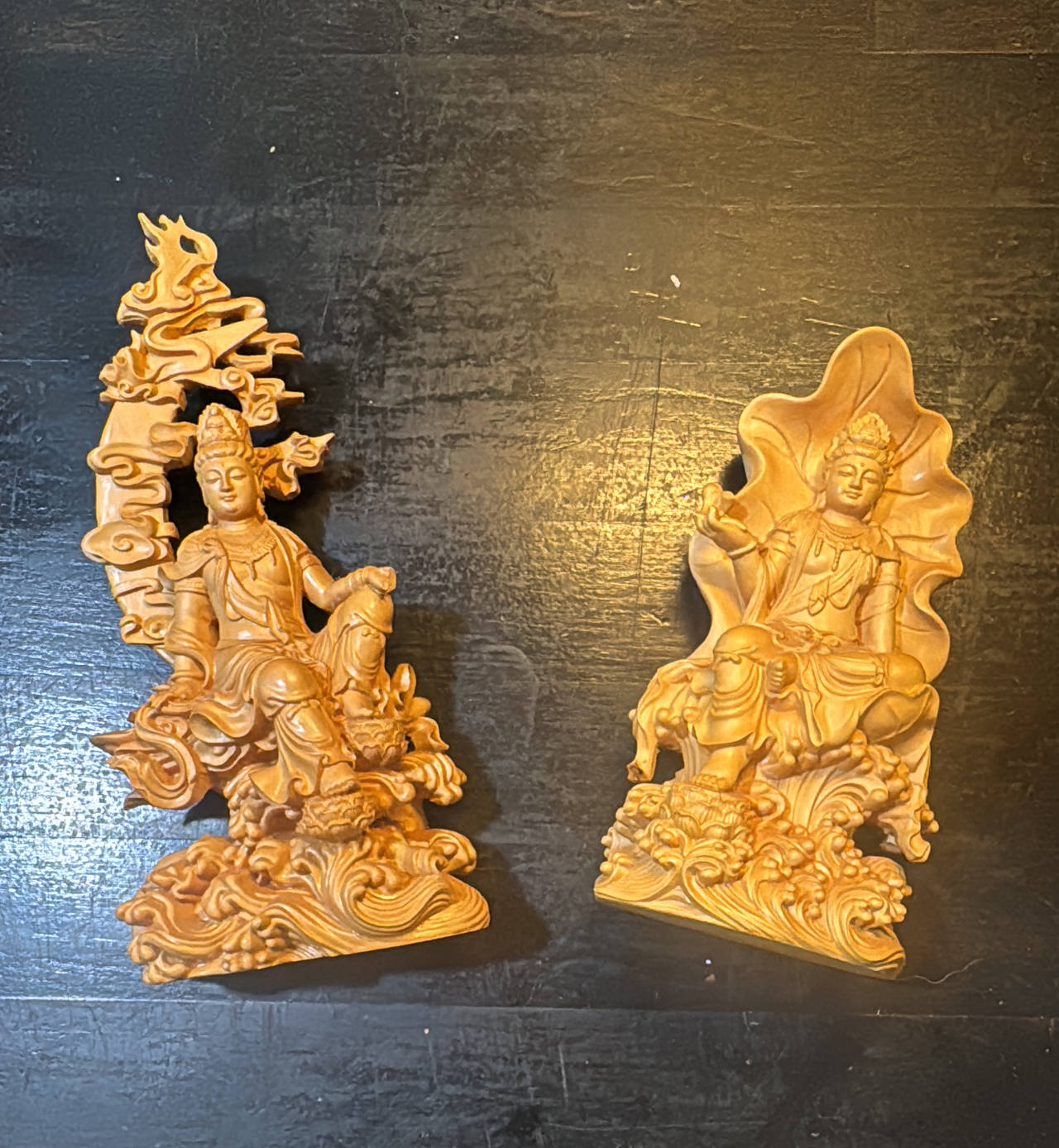 Hand-Carved Boxwood Guanyin Statues Set