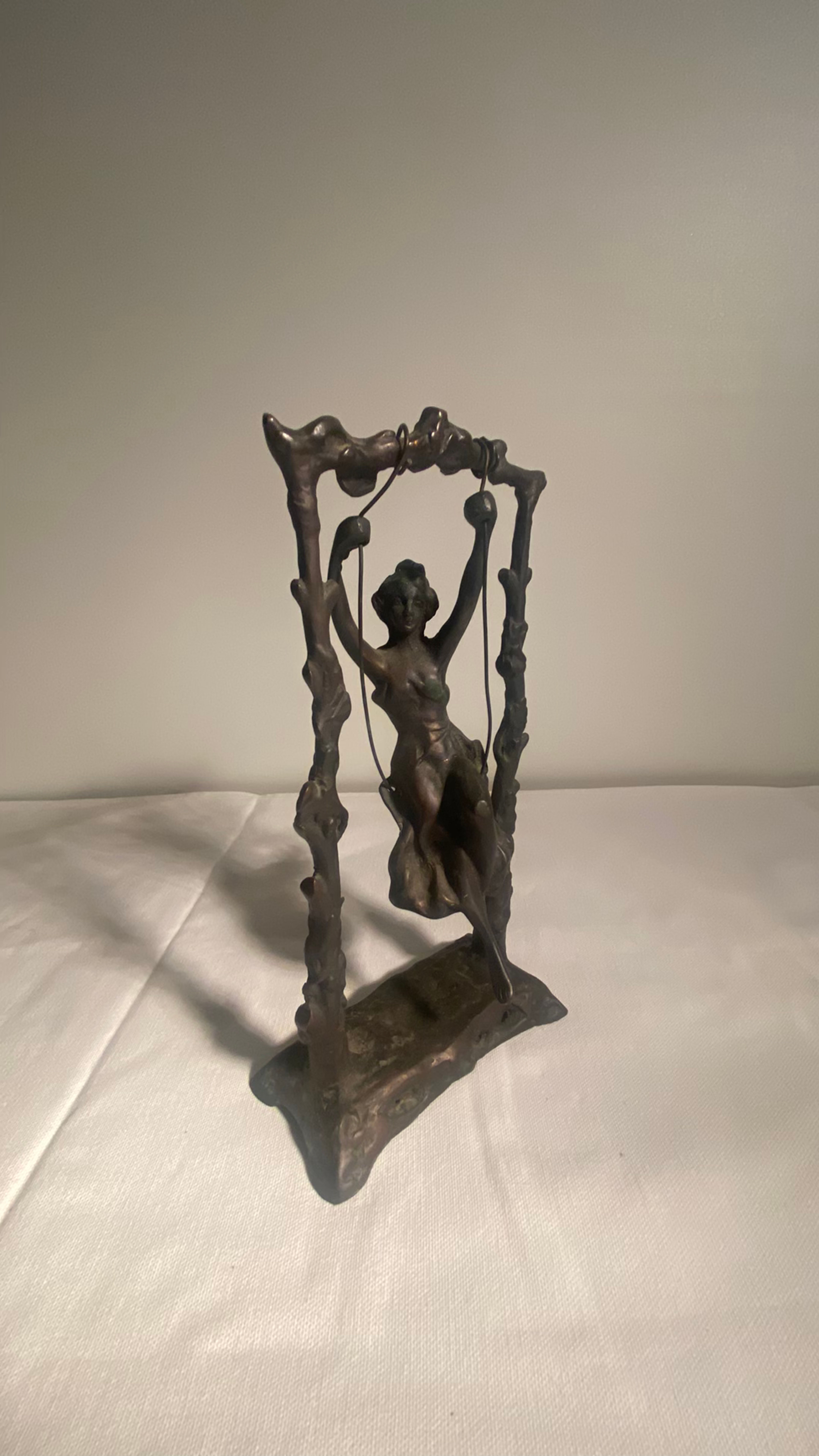 Vintage Girl On A Swing Sculpture Figure After Moreau Signed Bronze Metal - Image 2