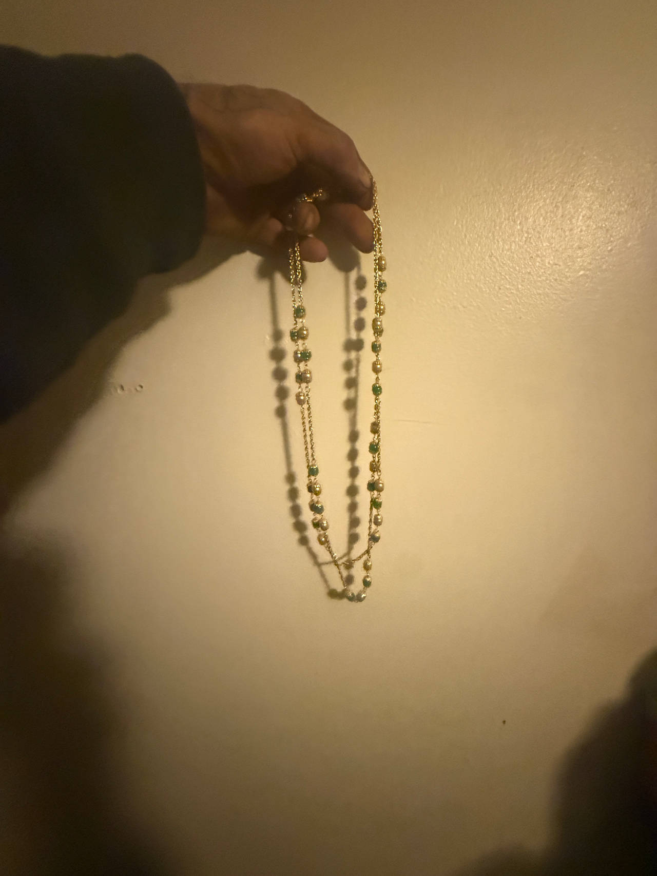 Gold Tone Beaded Necklace with Green Accents