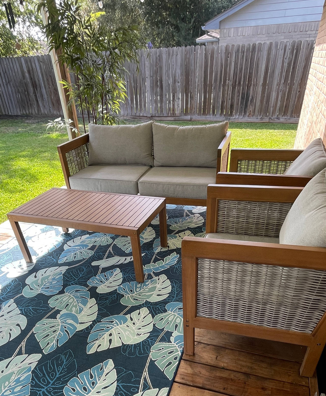 Teak 4-Piece Outdoor Patio Set with Rug and Faux Tall Plant