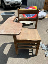 Vintage Wooden School Desk Chair with Tablet Arm - Image 1