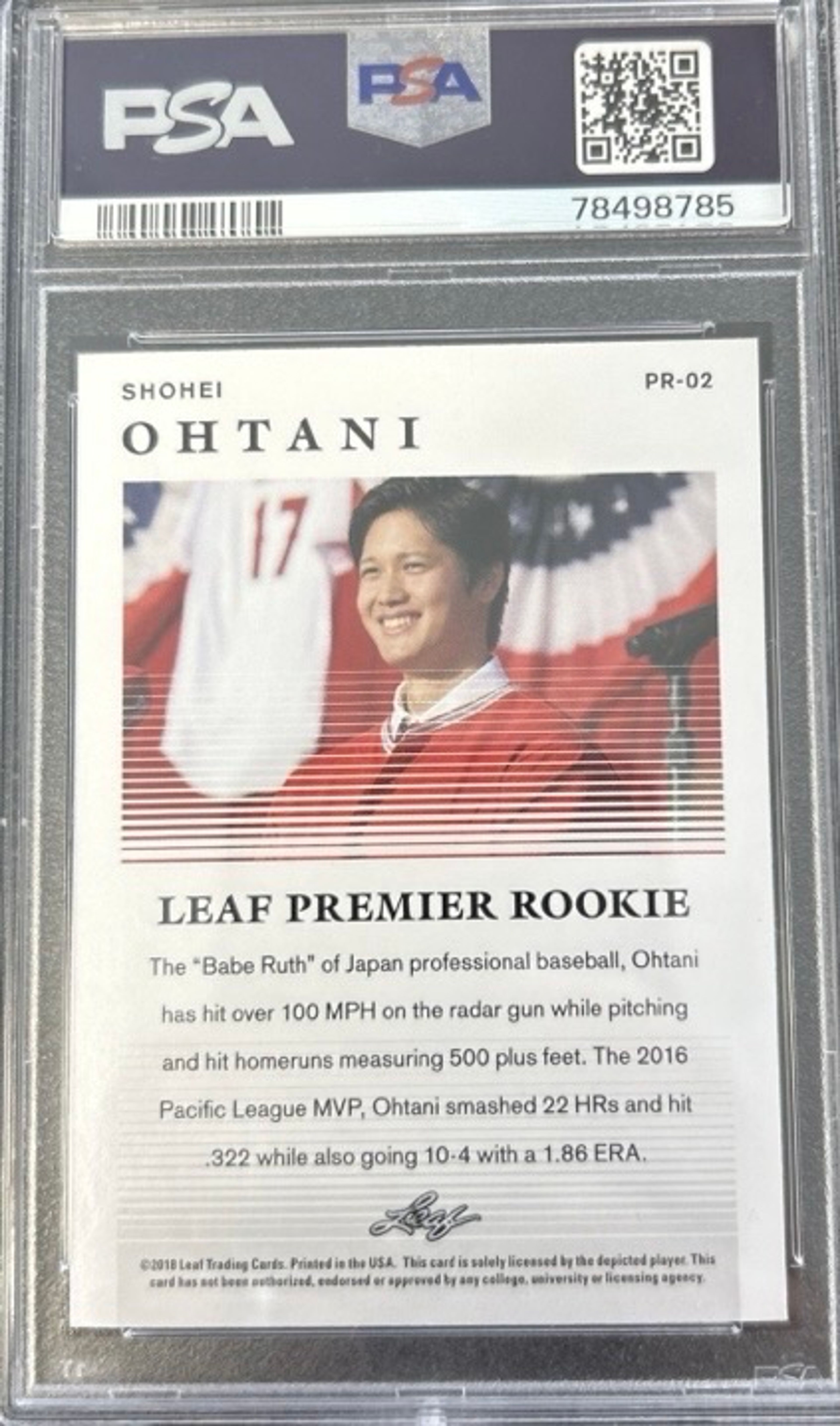 2018 Leaf Premier Shohei Ohtani Rookie Card PSA 10 - Image 2