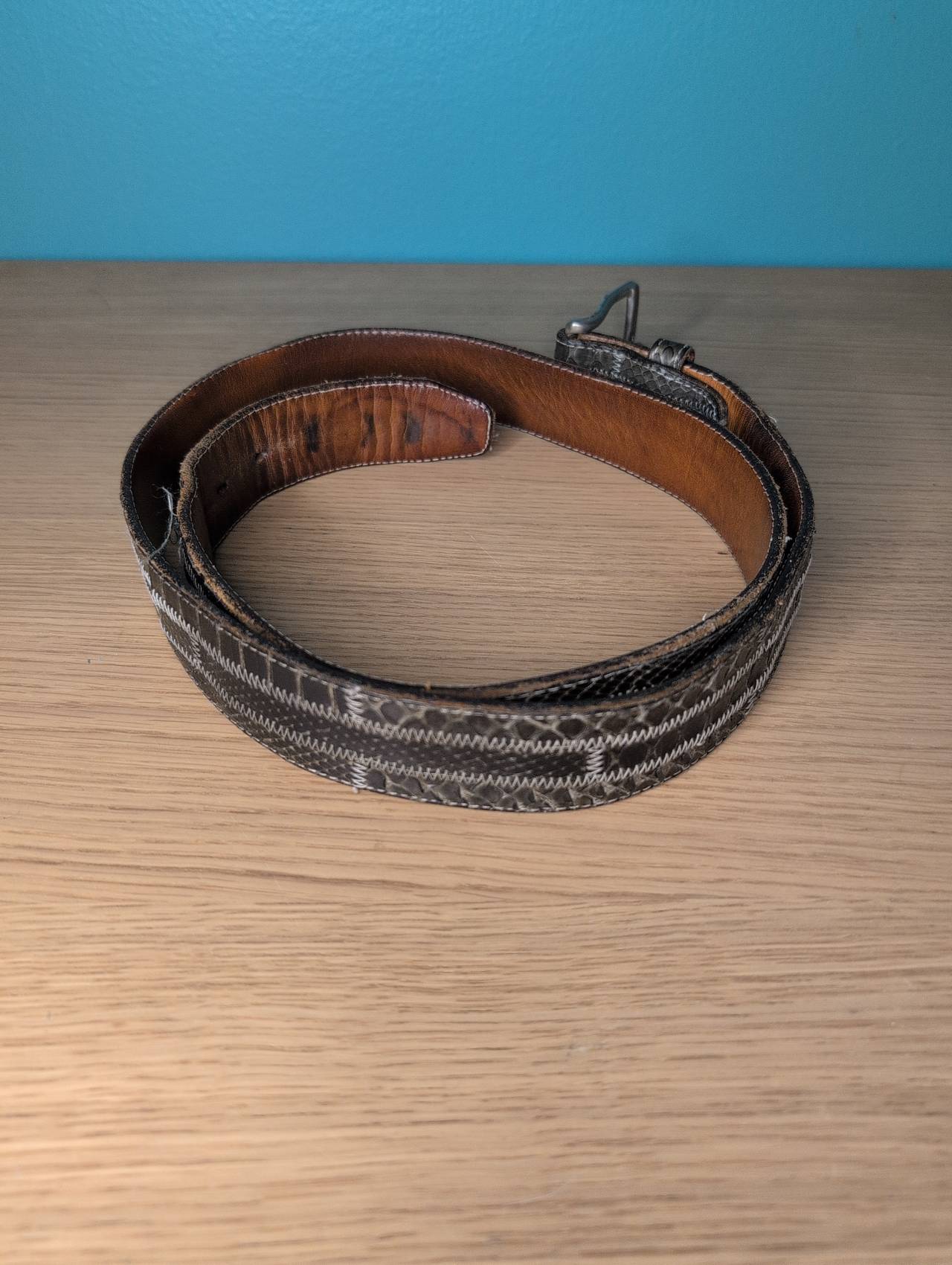 Snakeskin Pattern Leather Belt with Zig-Zag Stitching