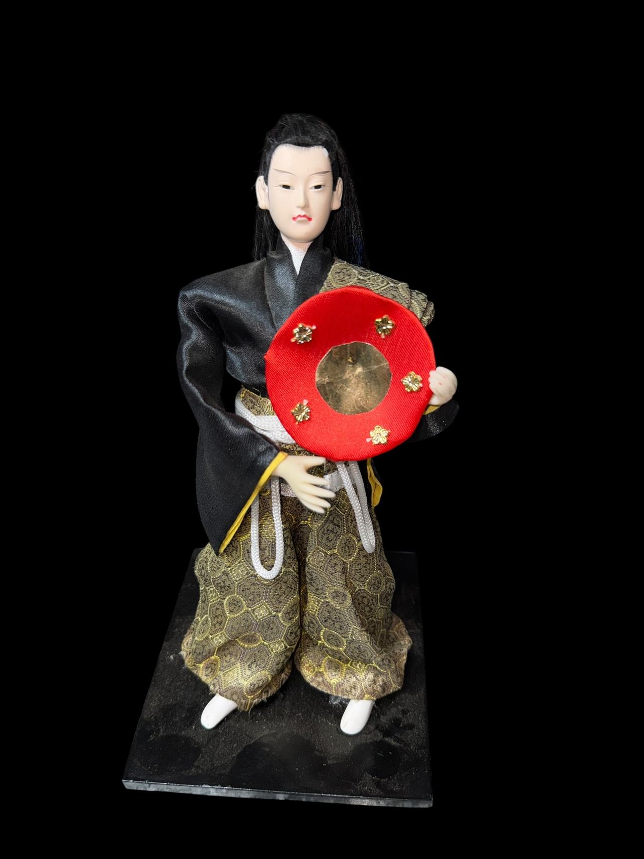 Vintage Japanese Samurai Warrior Doll with Drum Handcrafted Silk Costume on Wood