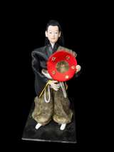 Vintage Japanese Samurai Warrior Doll with Drum Handcrafted Silk Costume on Wood - Image 1