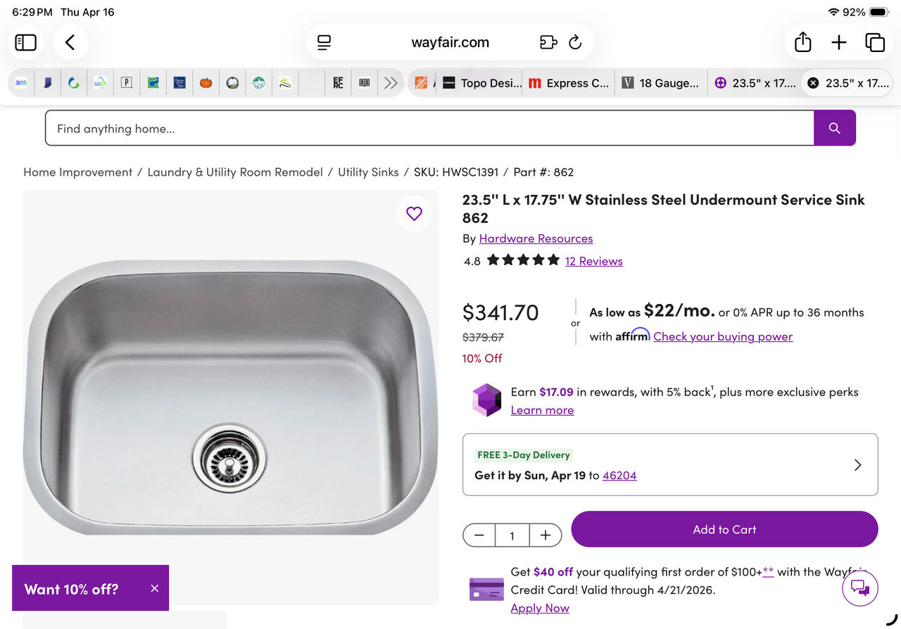 Hardware Resources 23.5" Stainless Steel  18 Gauge Undermount Utility Sink - NEW
