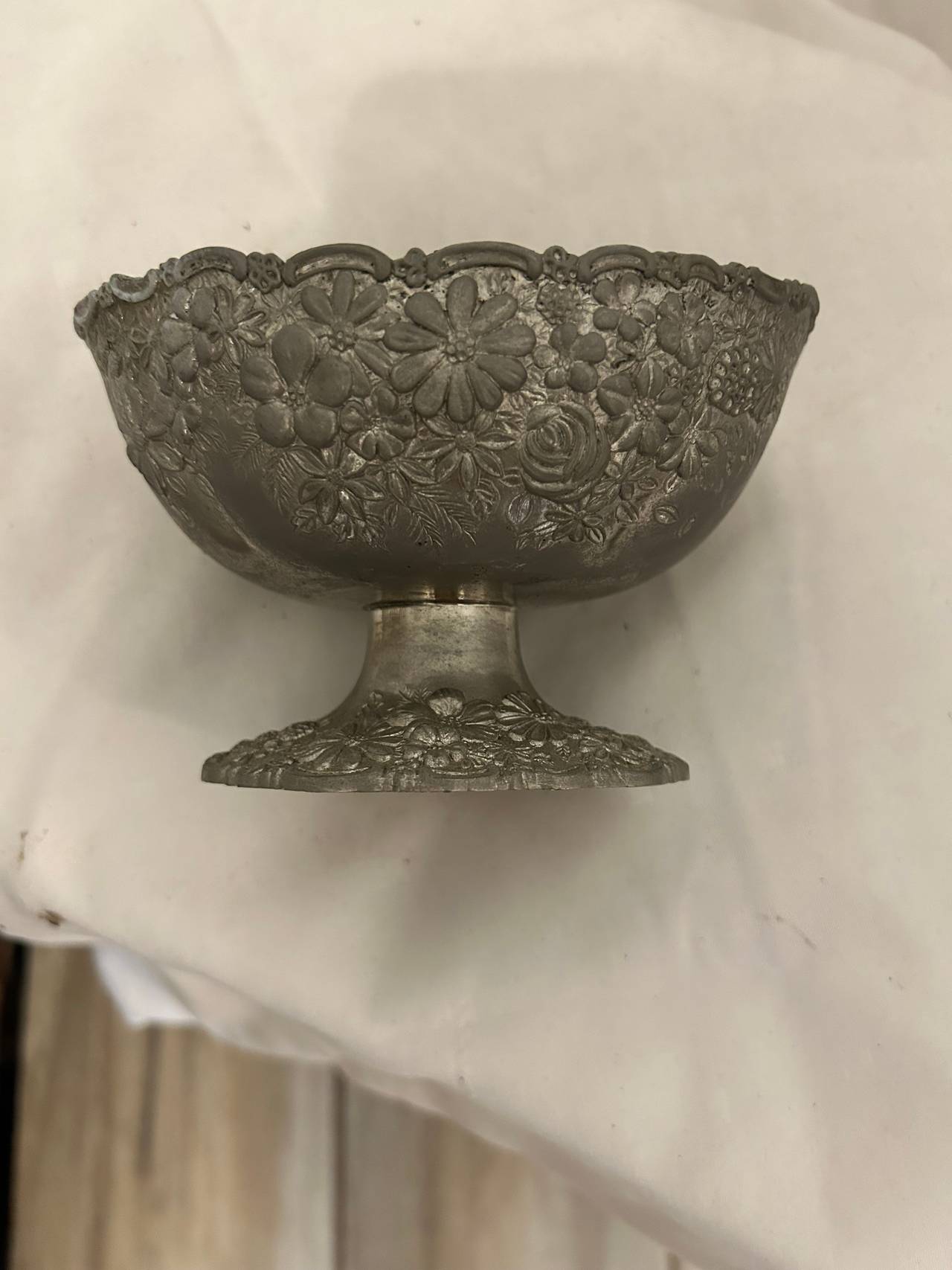 Vintage Floral Repousse Footed Pewter Bowl