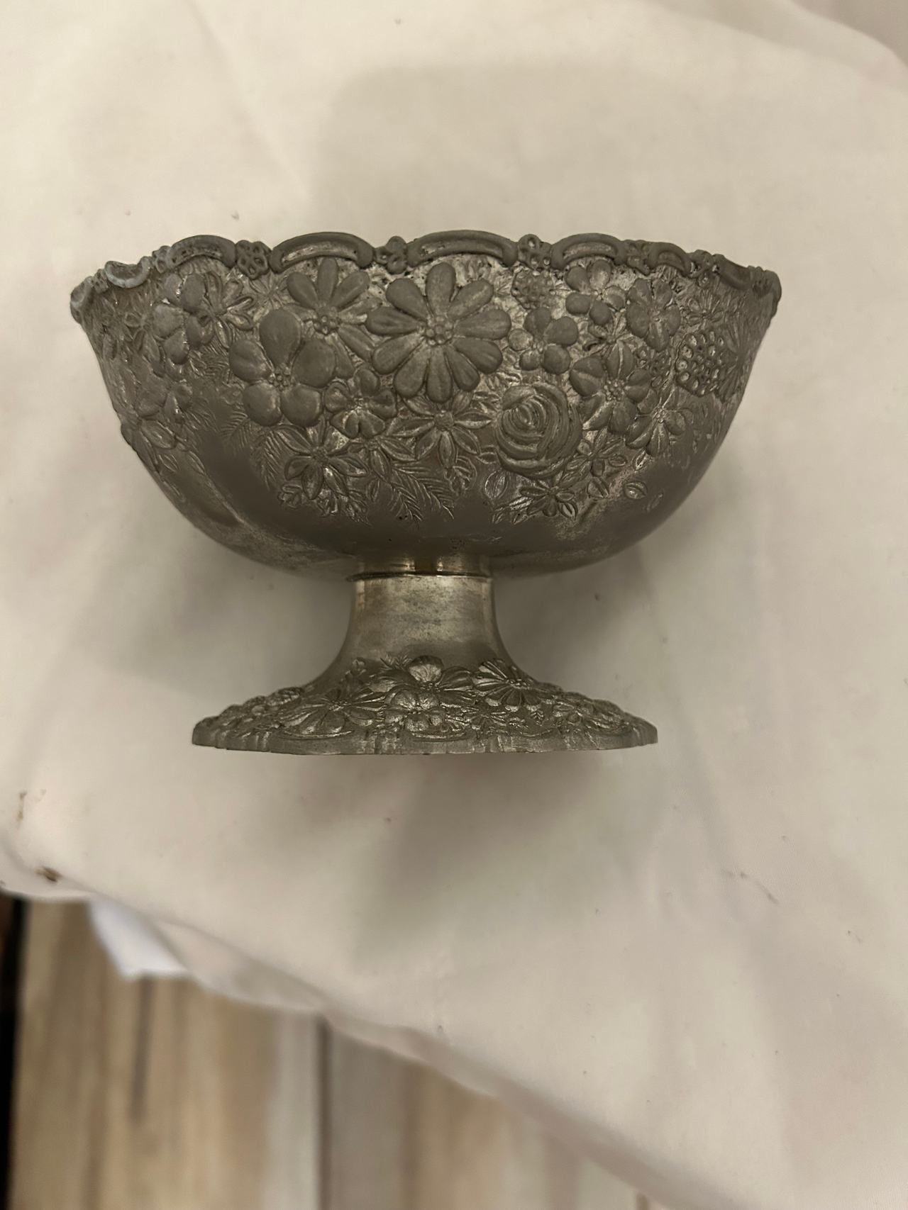 Vintage Floral Repousse Footed Pewter Bowl