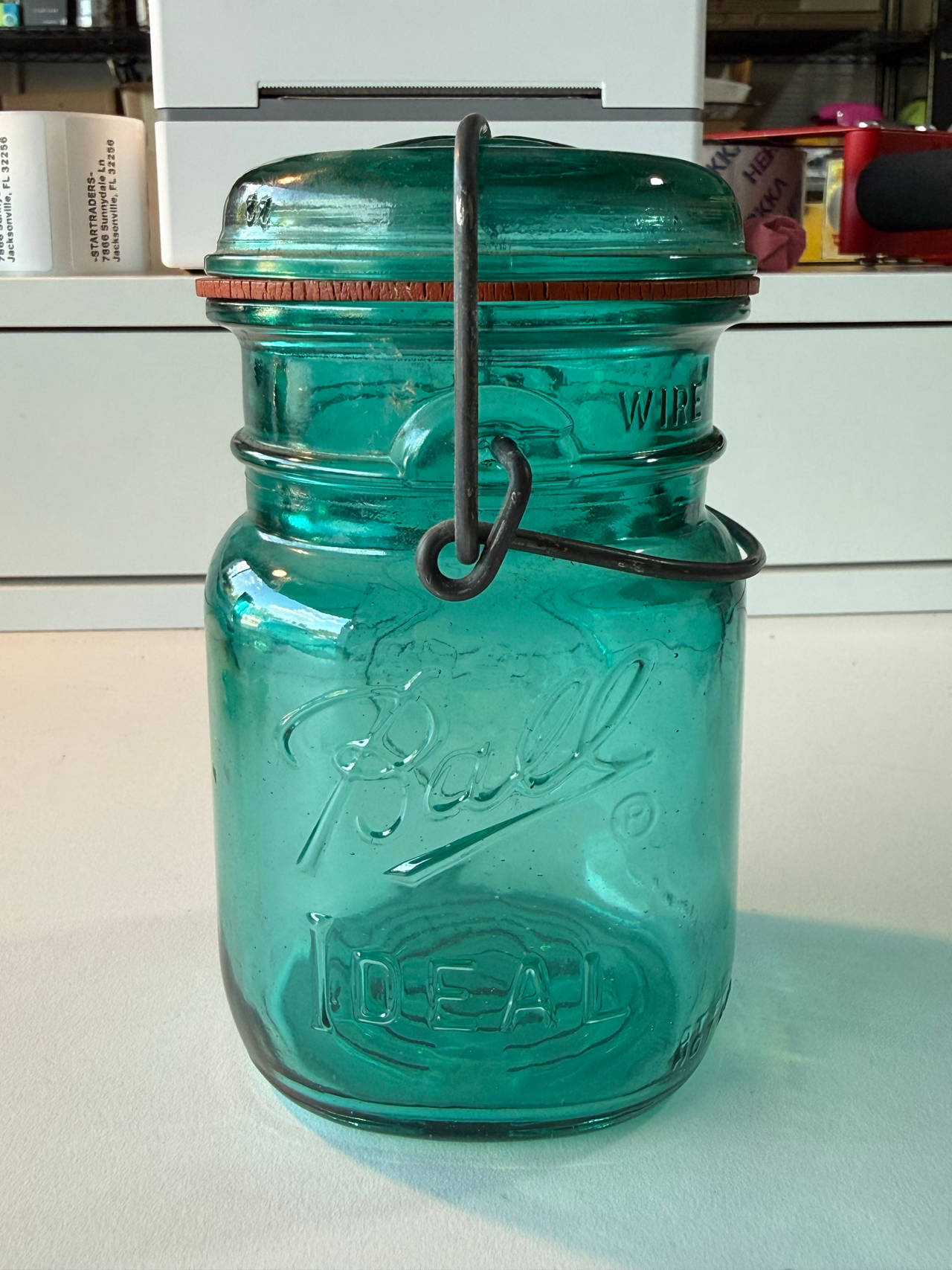 Ball Ideal Aqua Blue Mason Jar with Glass Lid and Wire Bail
