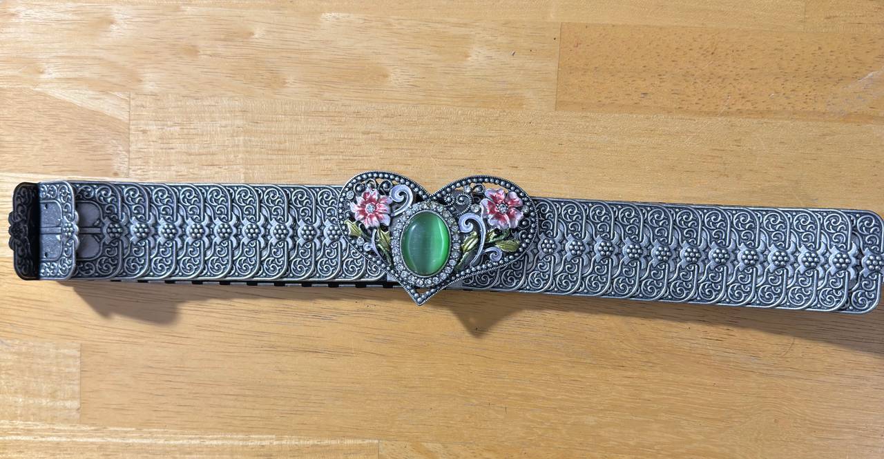 Vintage Boho Stretch Belt Heart Buckle Green Stone Floral Western Statement Belt