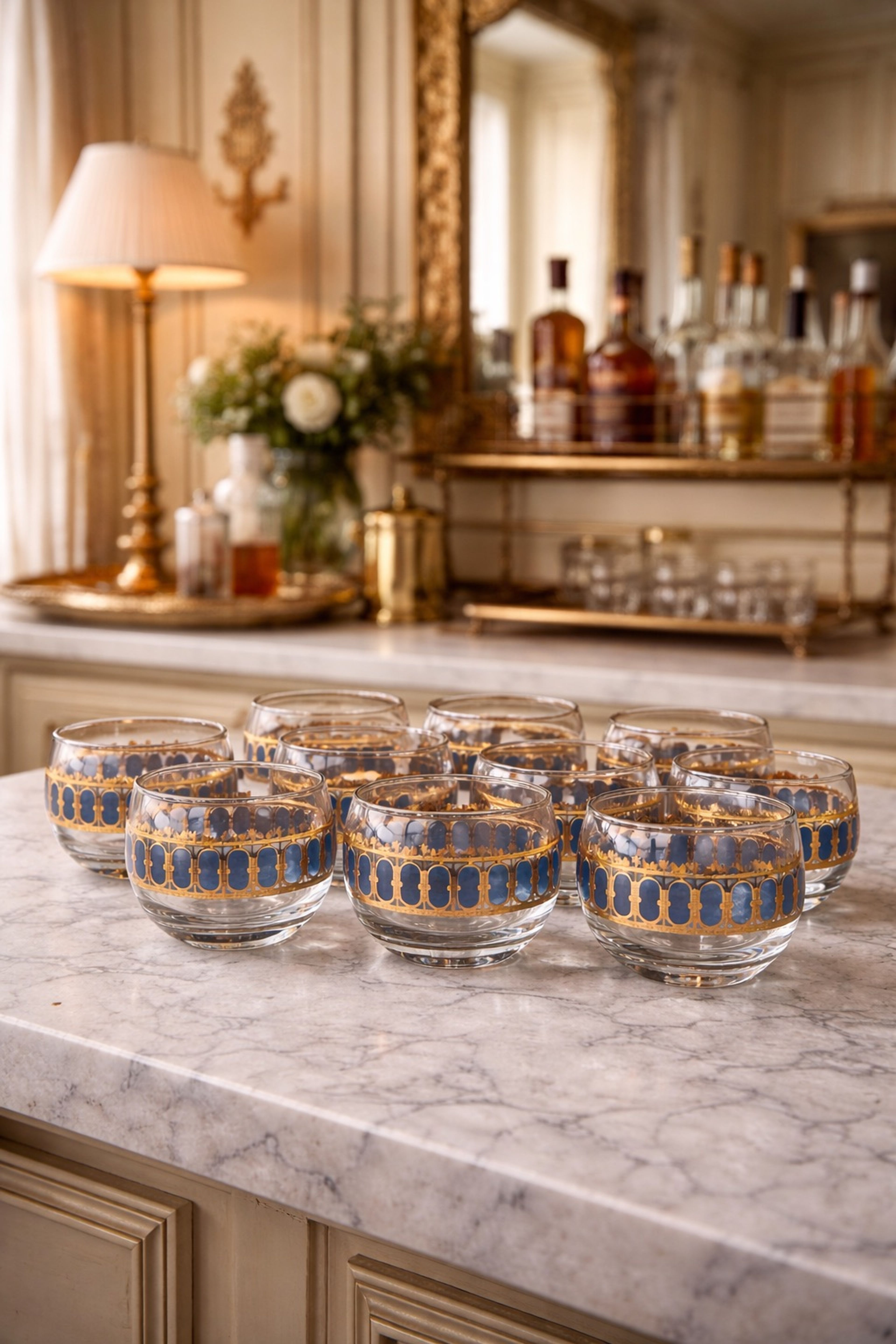 Culver Azure Scroll 22K Gold and Blue Roly Poly Glasses - Image 3