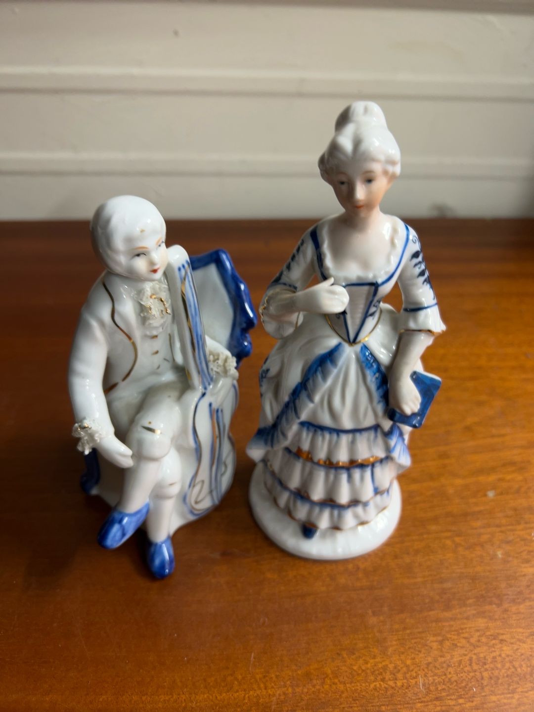 IVO Mark Victorian Blue & White Porcelain Couple Figurine Set