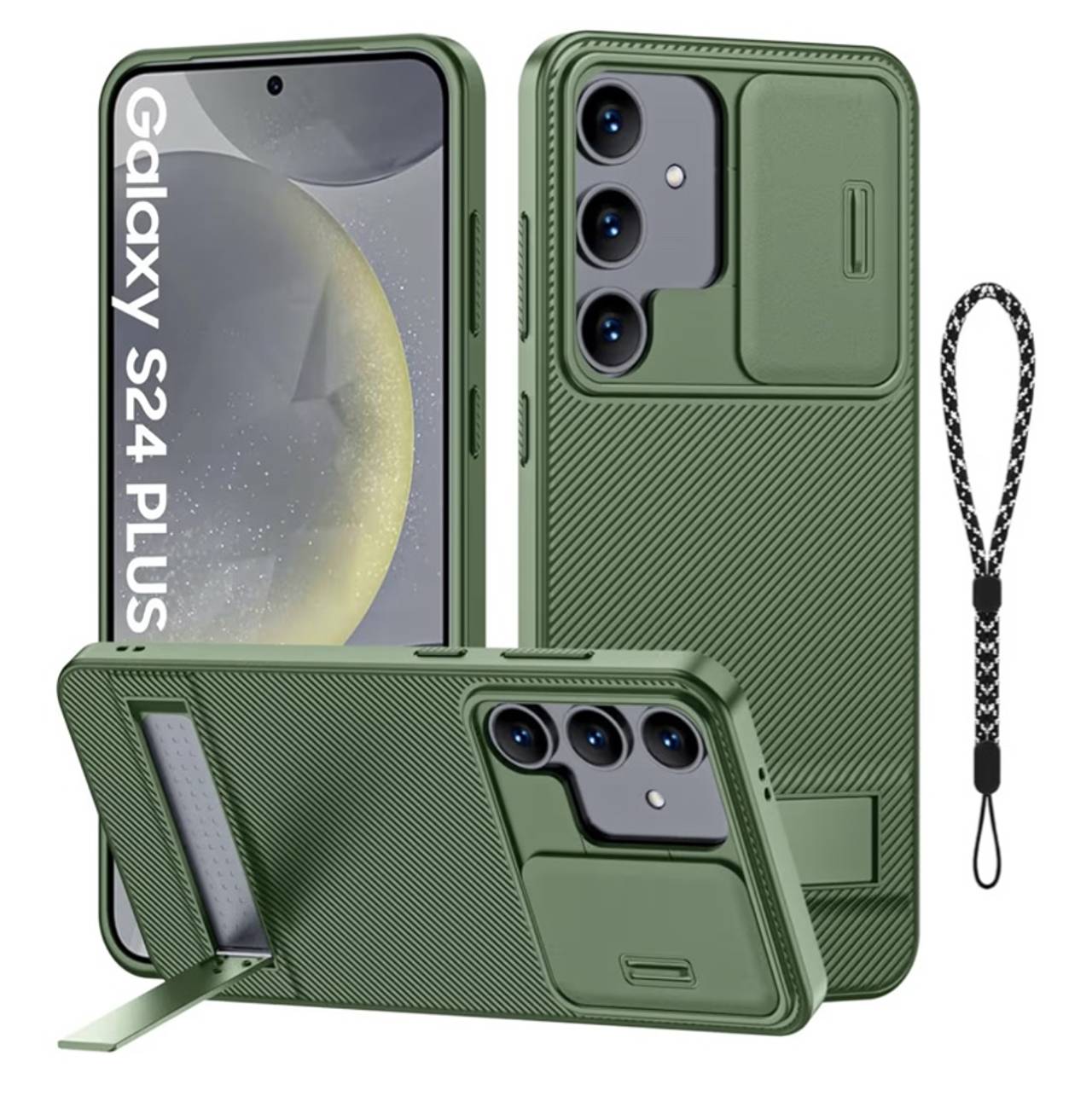 Samsung Galaxy S24 Plus Case with Camera Cover& Kickstand [3 Stand Modes] Green