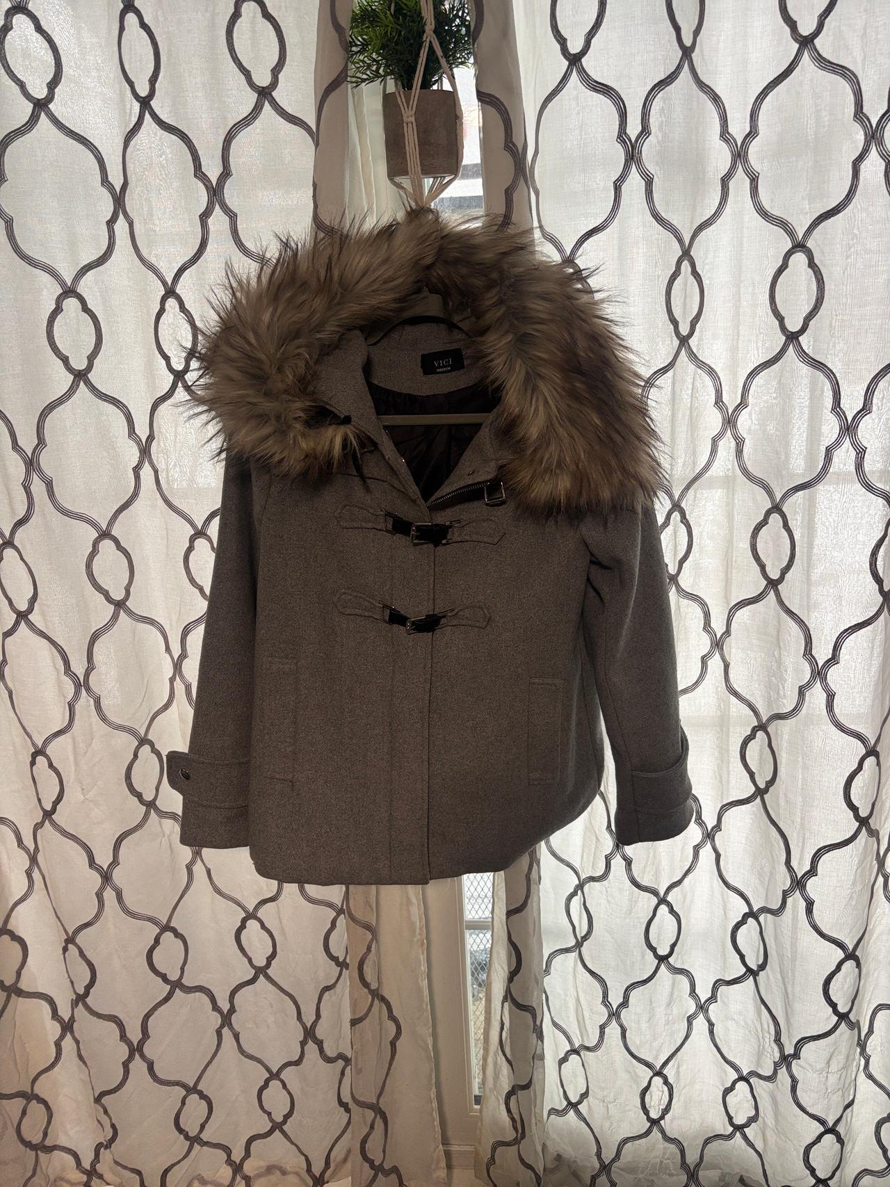 VICI Grey Faux Fur Hooded Toggle Coat