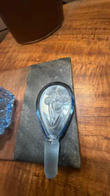 Vintage Art Deco Czech Blue Cut Glass Perfume Bottle with Etched Flowers - Image 3