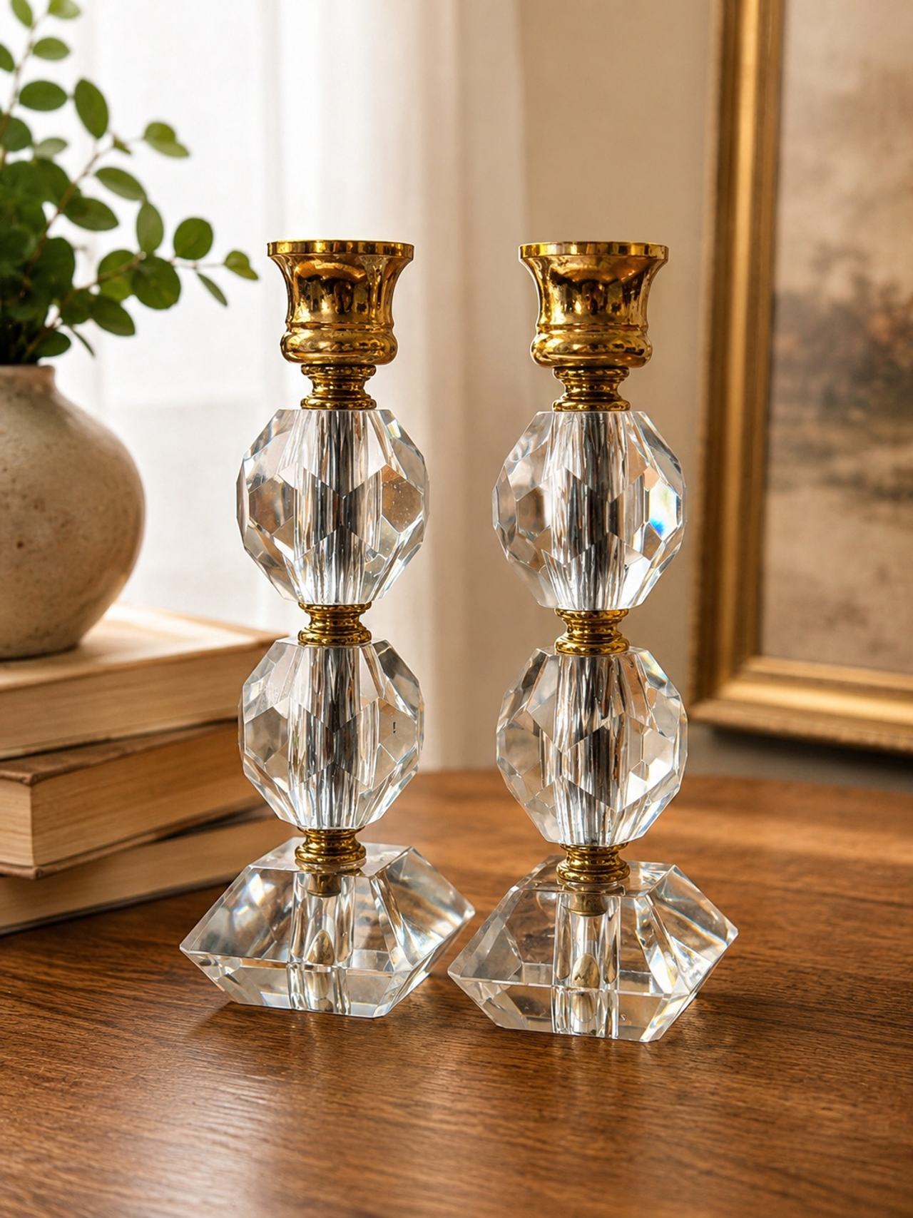 Vintage Faceted Lucite Candlestick Holders Set of 2 Gold Tone Hollywood Regency