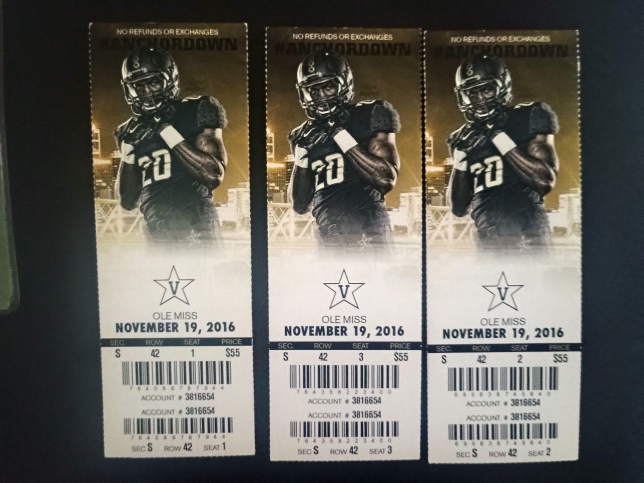 2016 Vanderbilt vs. Ole Miss Football Ticket Stubs