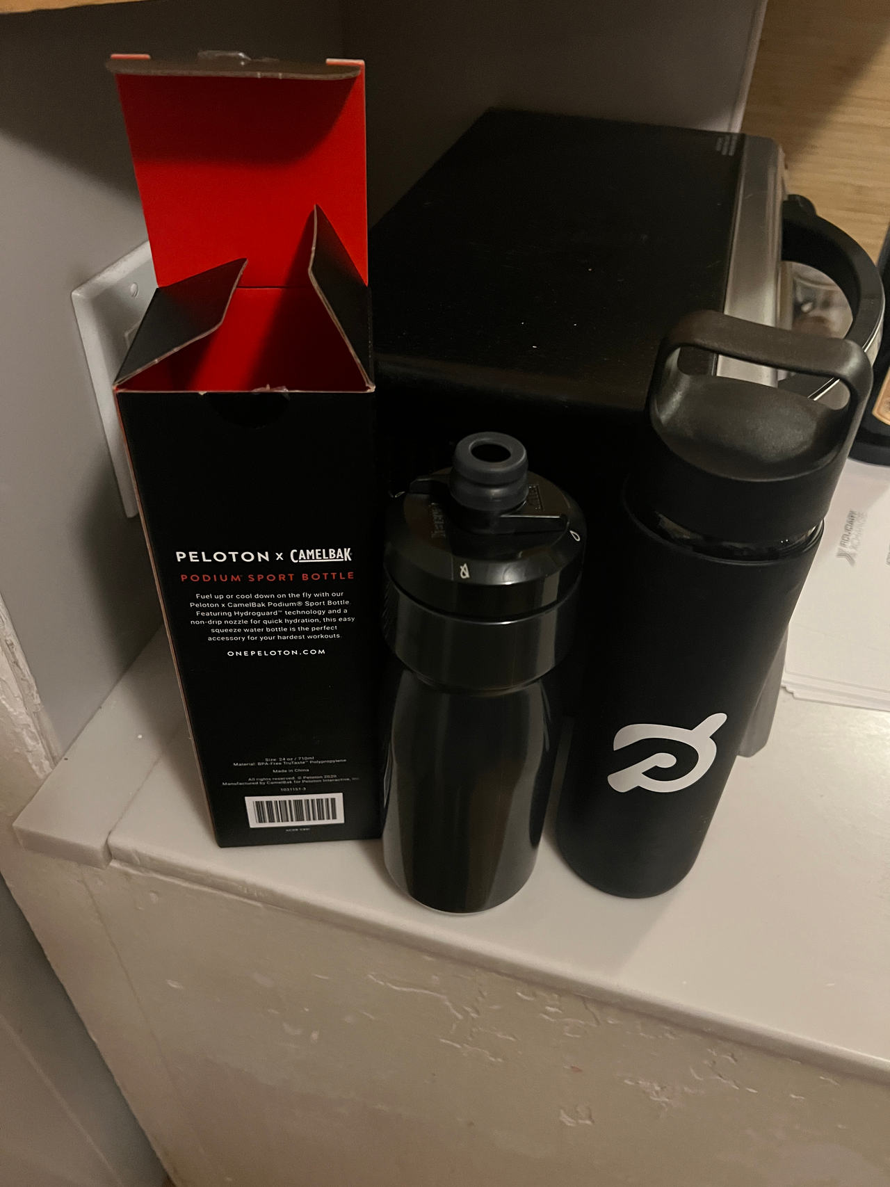 Lot 2 Peloton Bottles:  CamelBak Podium Sport Bottle 24oz & Glass Water Bottle