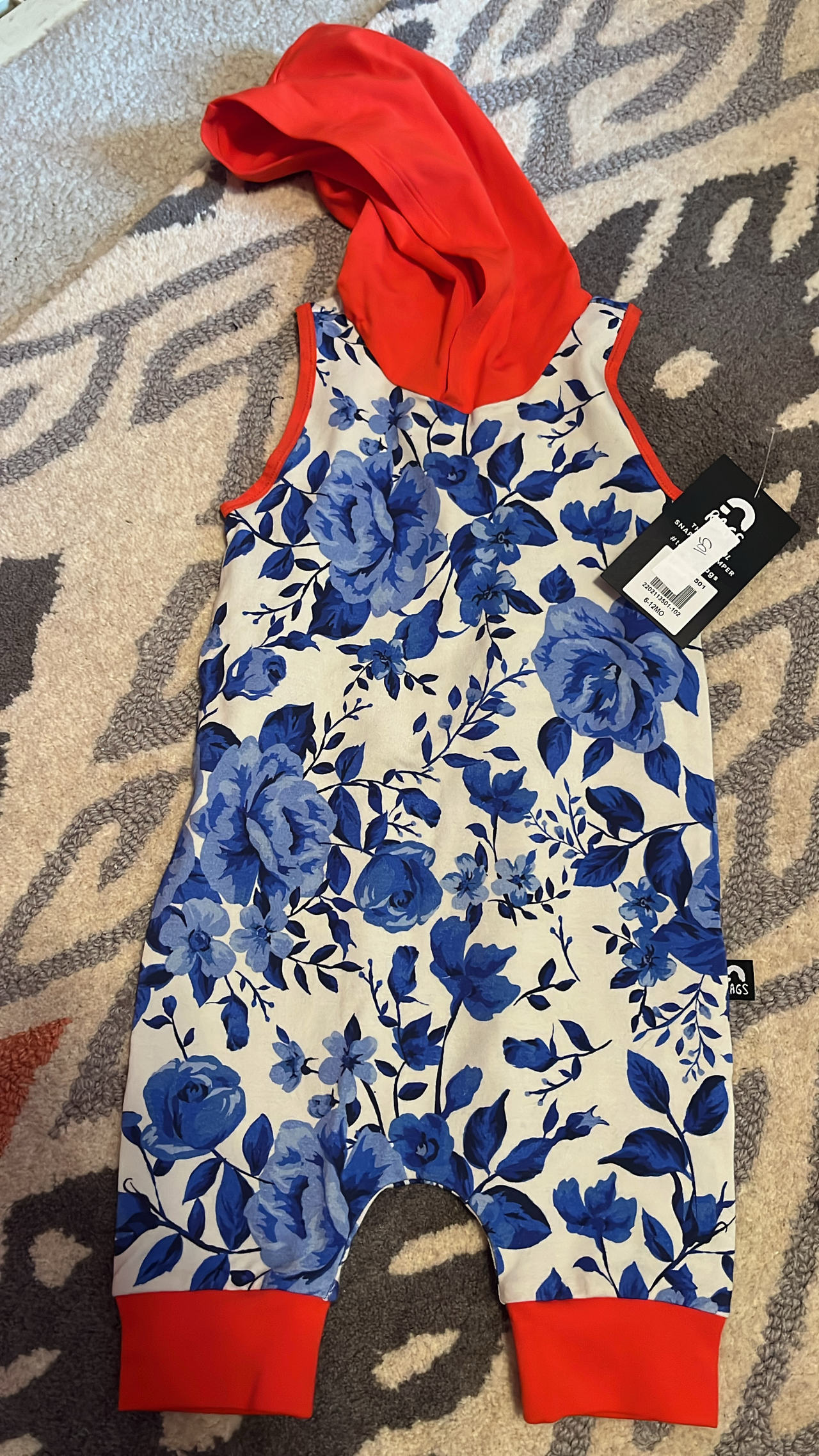 NWT Rags Blue Floral Sleeveless Hooded Romper 6-12 months