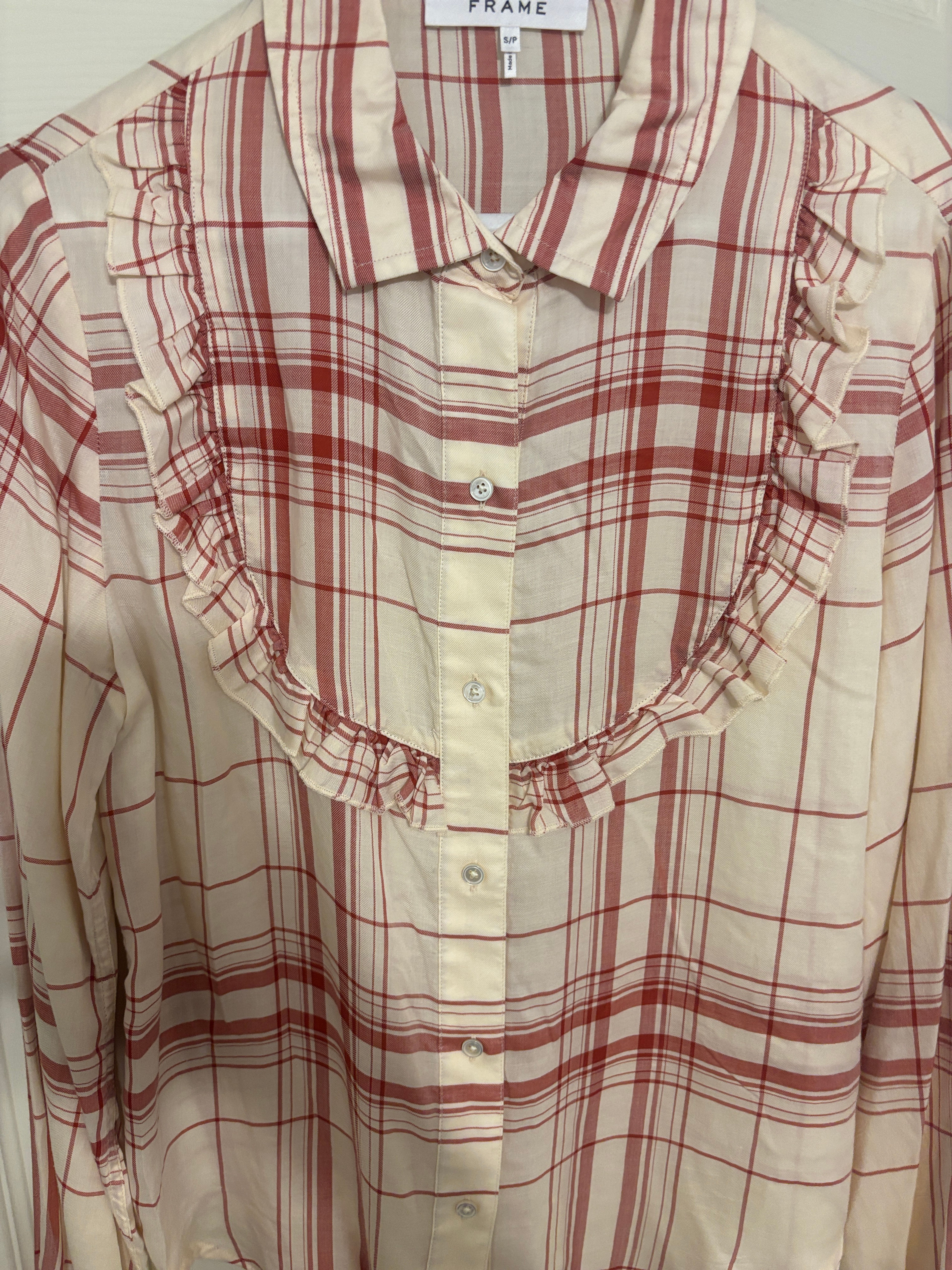 FRAME Ruffle Plaid Button Down Shirt