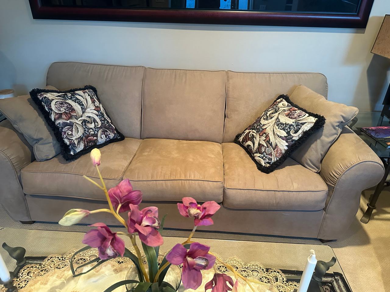 Beige Suede Sofa & Chair