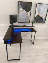 Modern L-Shaped Computer Desk Monitor Shelf LED Lights Built-In Power Outlet - Image 6