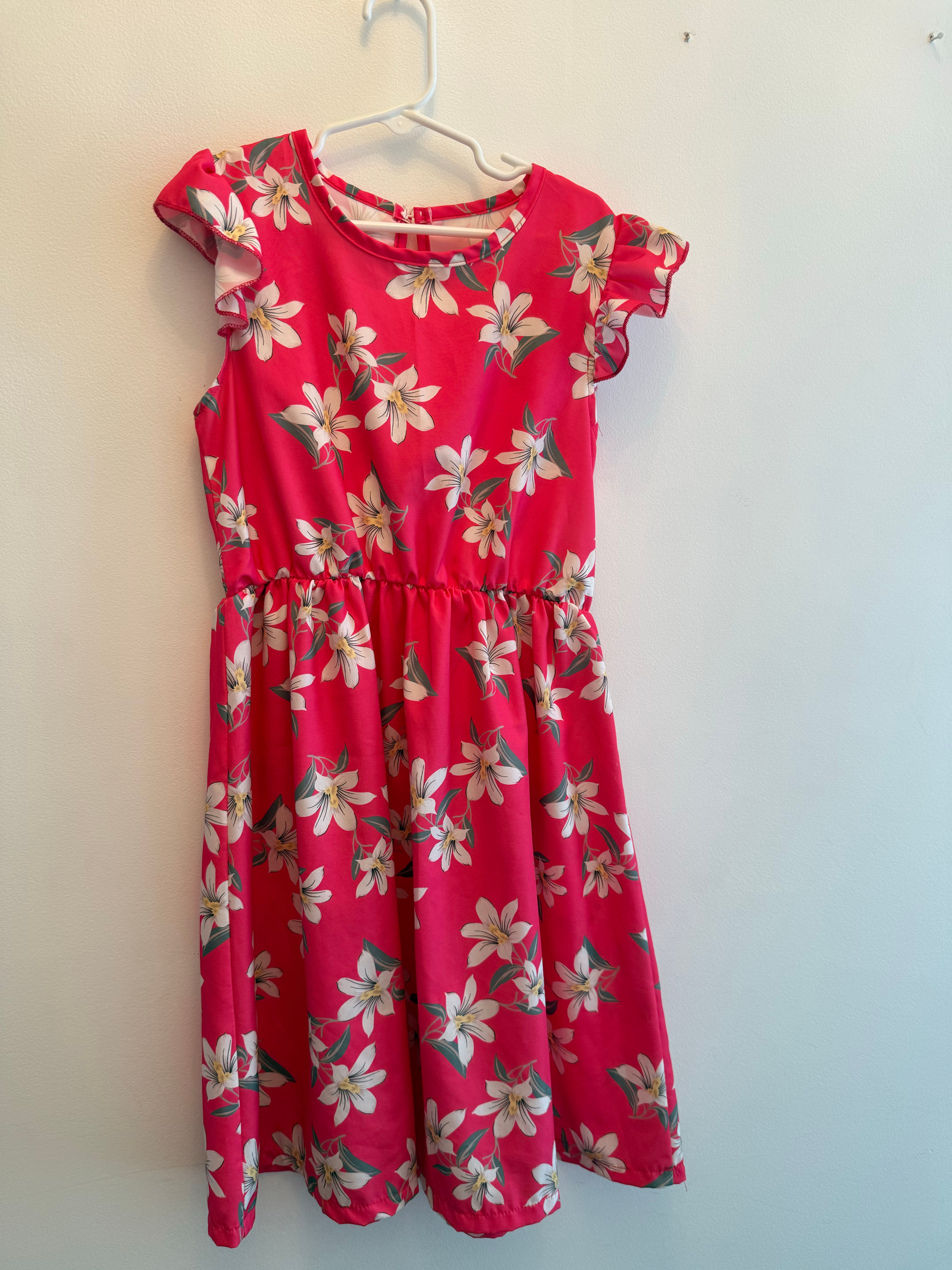 Girls Pink Floral Ruffle Sleeve Dress