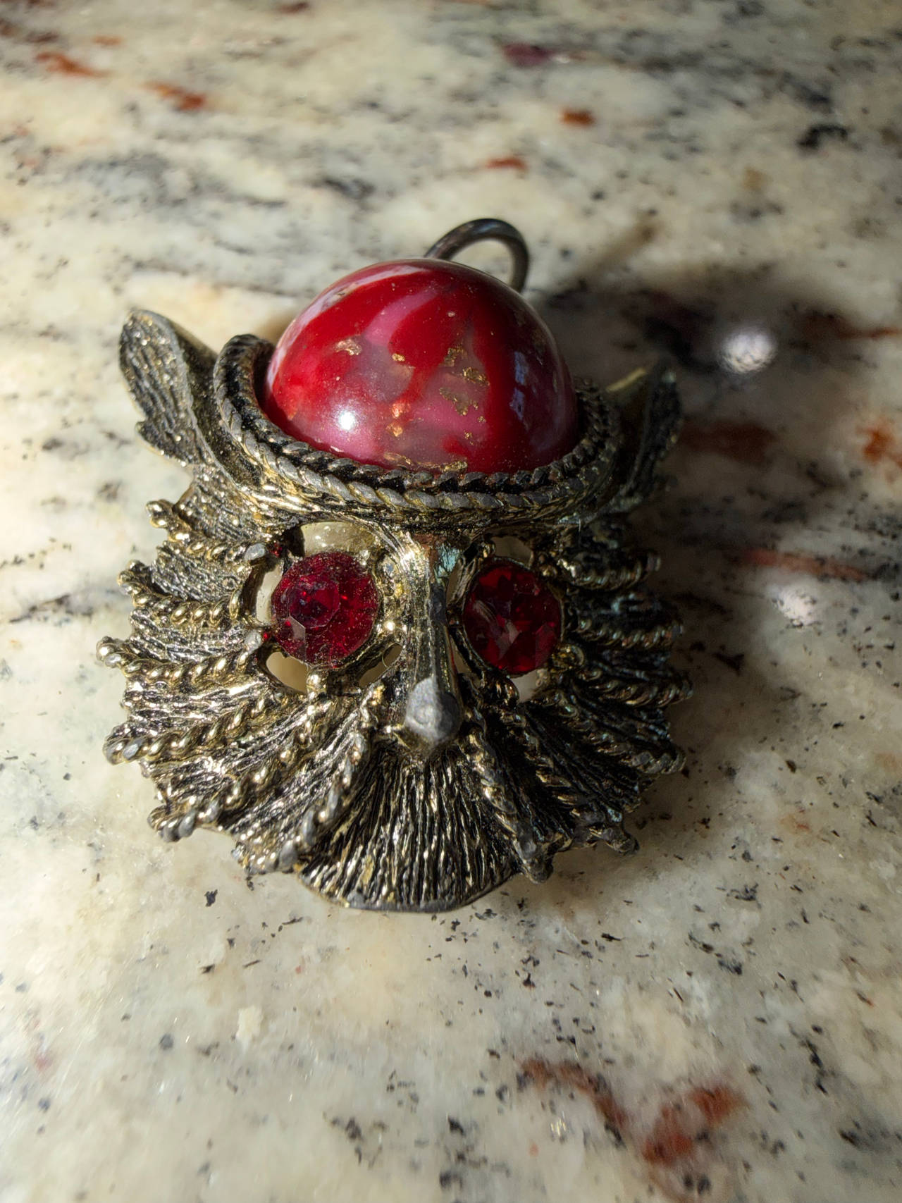 Vintage Gold Tone Owl Head Pendant with Red Stones