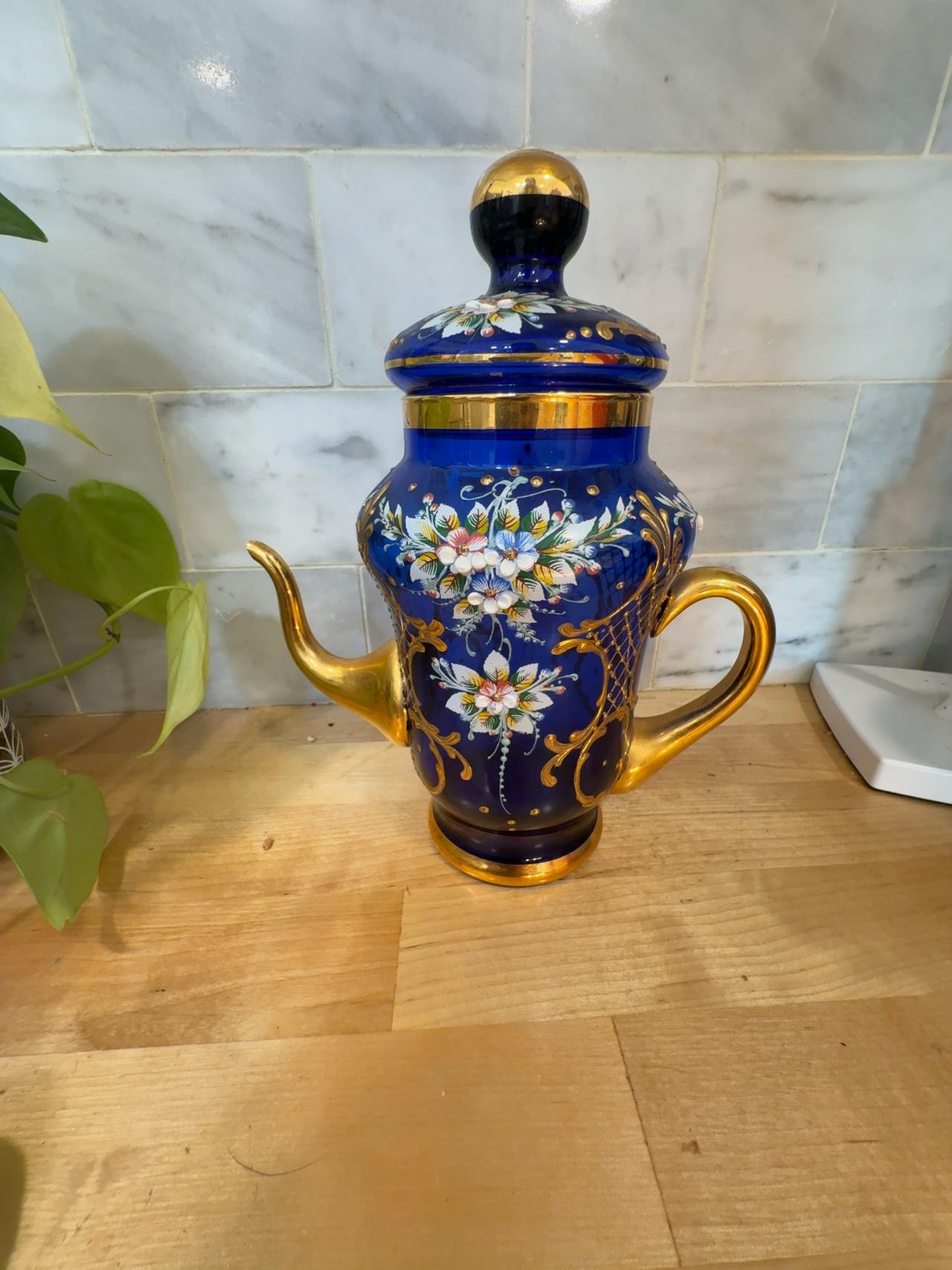 Bohemian Cobalt Blue Glass and Gold Tea pot