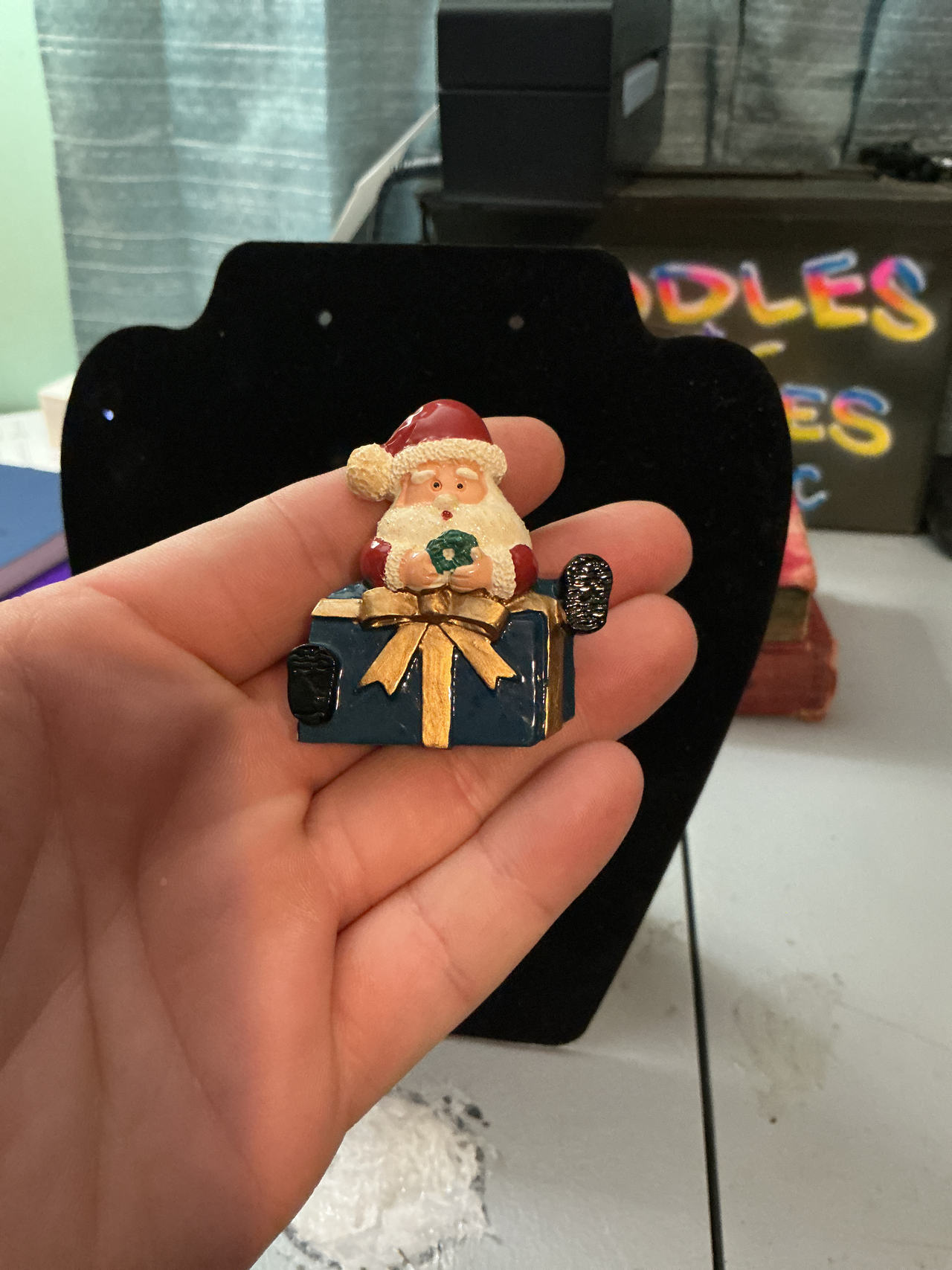 Vintage Santa Claus in Blue Gift Box Christmas Pin Brooch