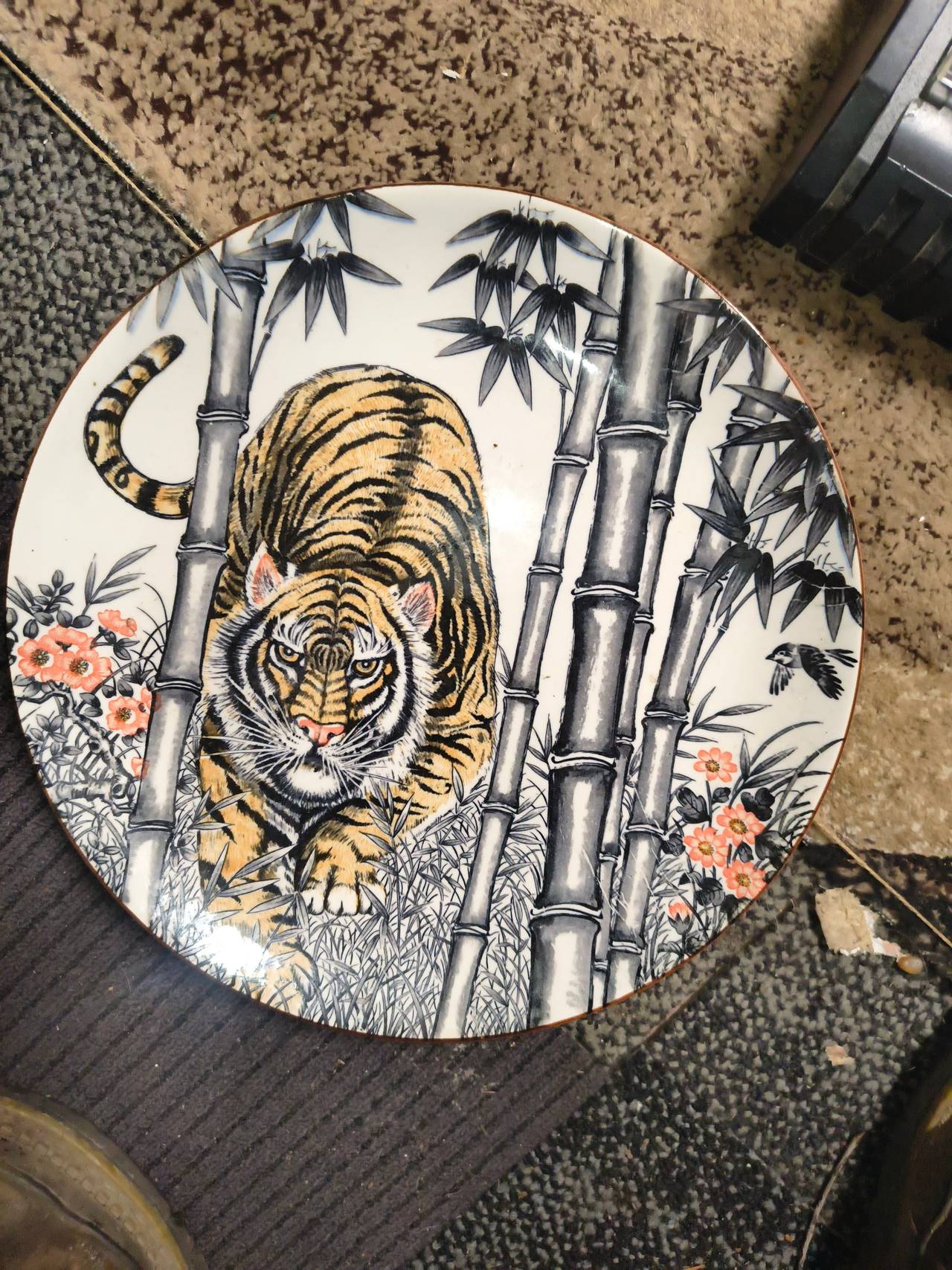 Vintage Tiger and Bamboo Porcelain Decorative Plate