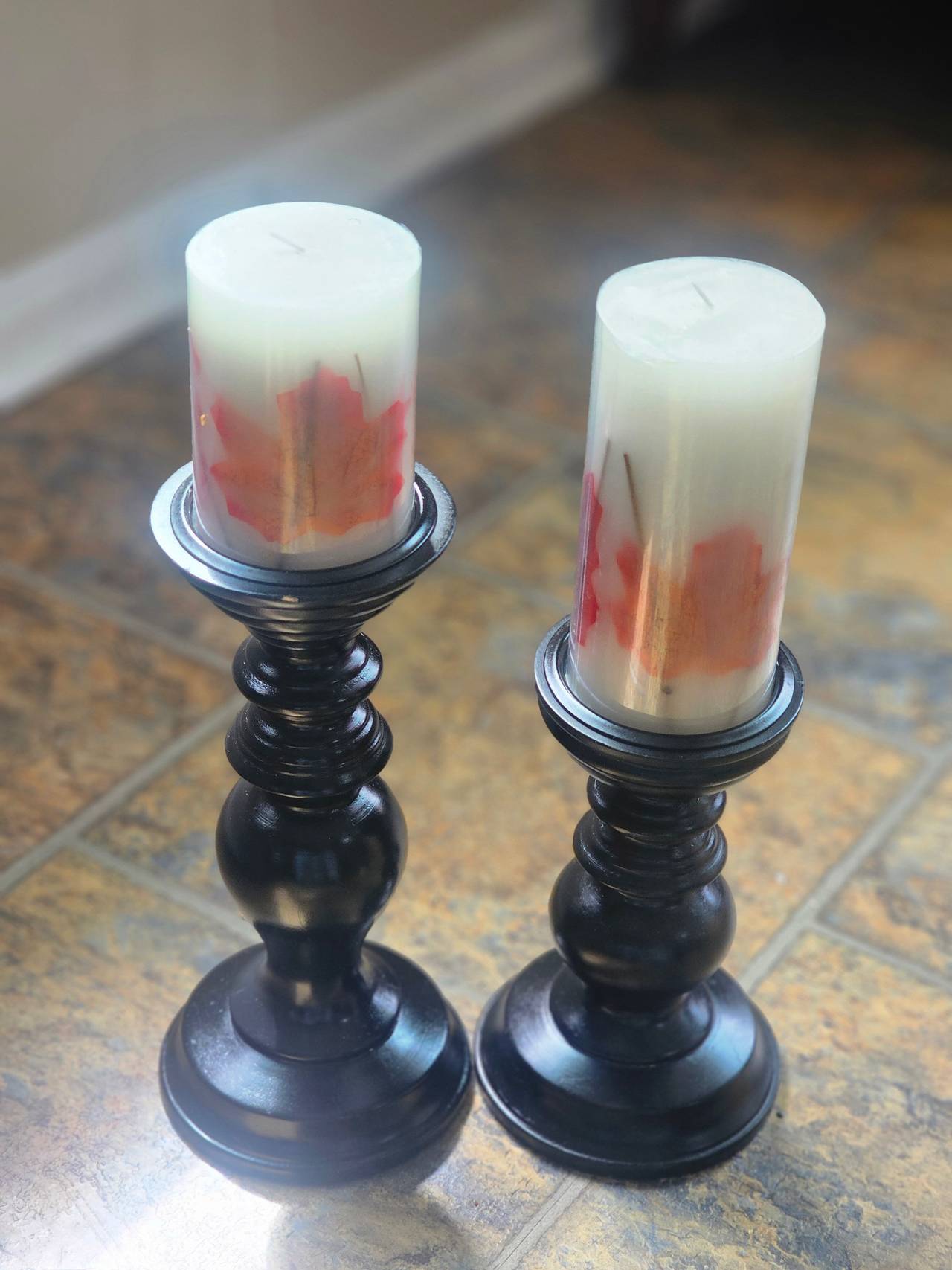 Black Wooden Pillar Candle Holders Set of 2