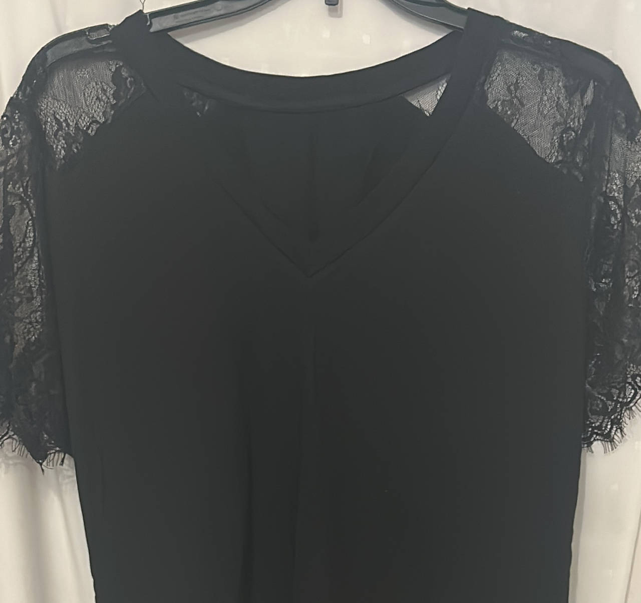 Black Lace Sleeve V-Neck Top